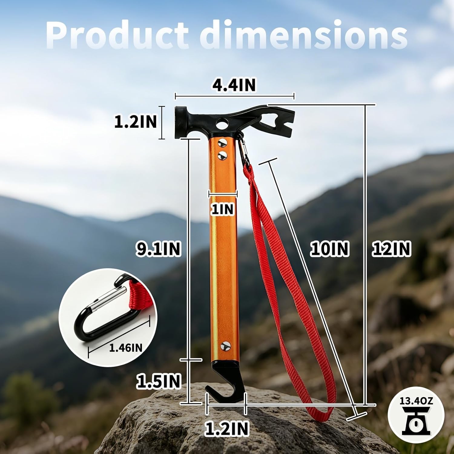 Lightweight 3-in-1 Camping Hammer – 12″ Carbon Steel Tool in Vibrant Orange
