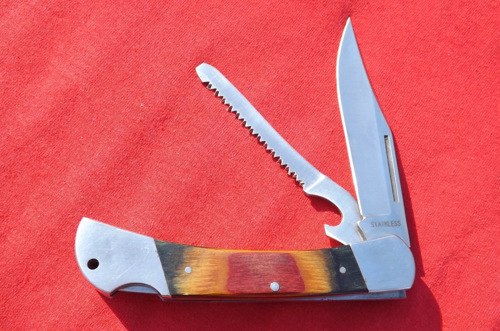 Vintage Multi-Tool Lockback Folding Knife w/ Wood Handles & Saw Blade NICE