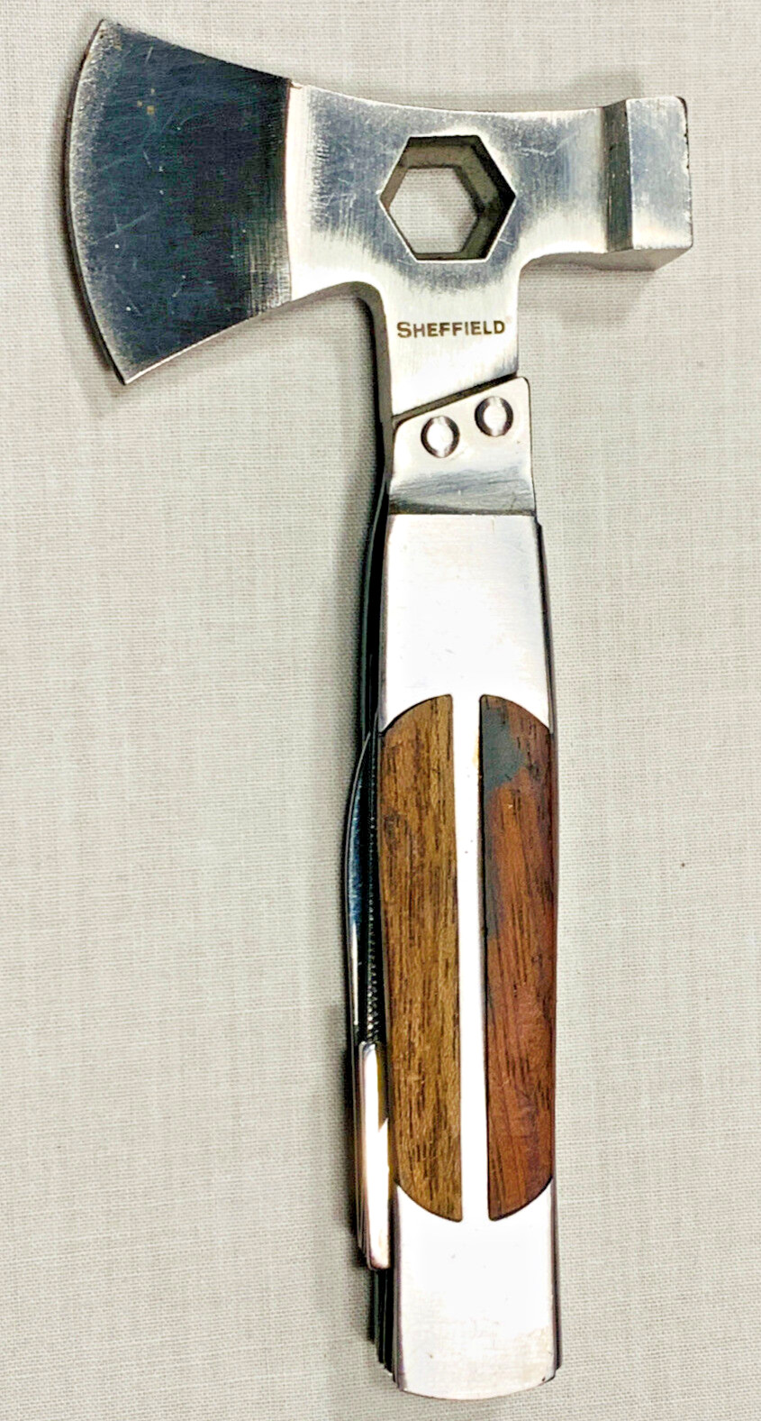 Sheffield 12-in-1 HATCHET / AXE MULTI TOOL Saw Blade Folding Knife CLEAN! NICE!