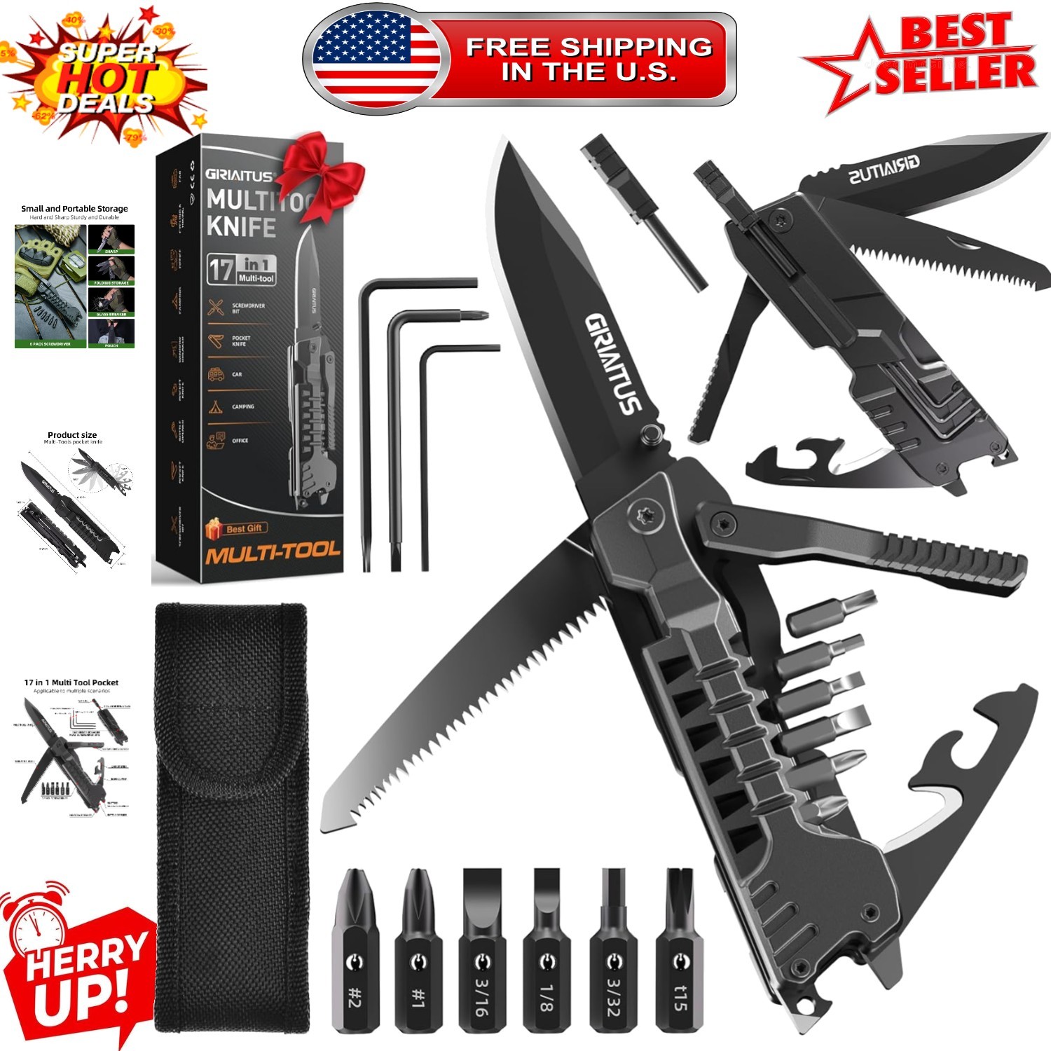 17-in-1 Stainless Steel Multitool Knife for Camping & Survival – Black