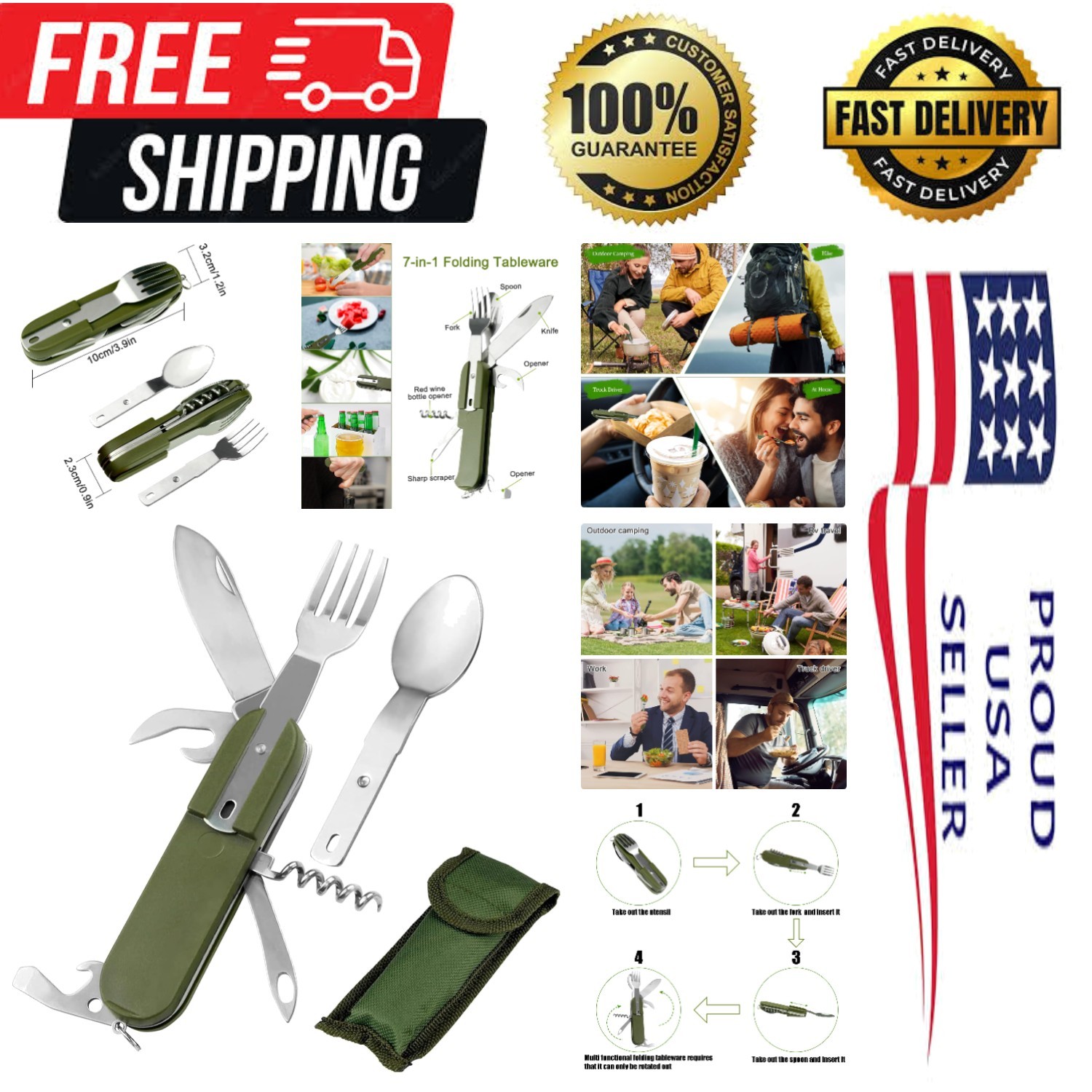 7-In-1 Stainless Steel Multi Function Camping Tool Utensils Knife Spoon Opener