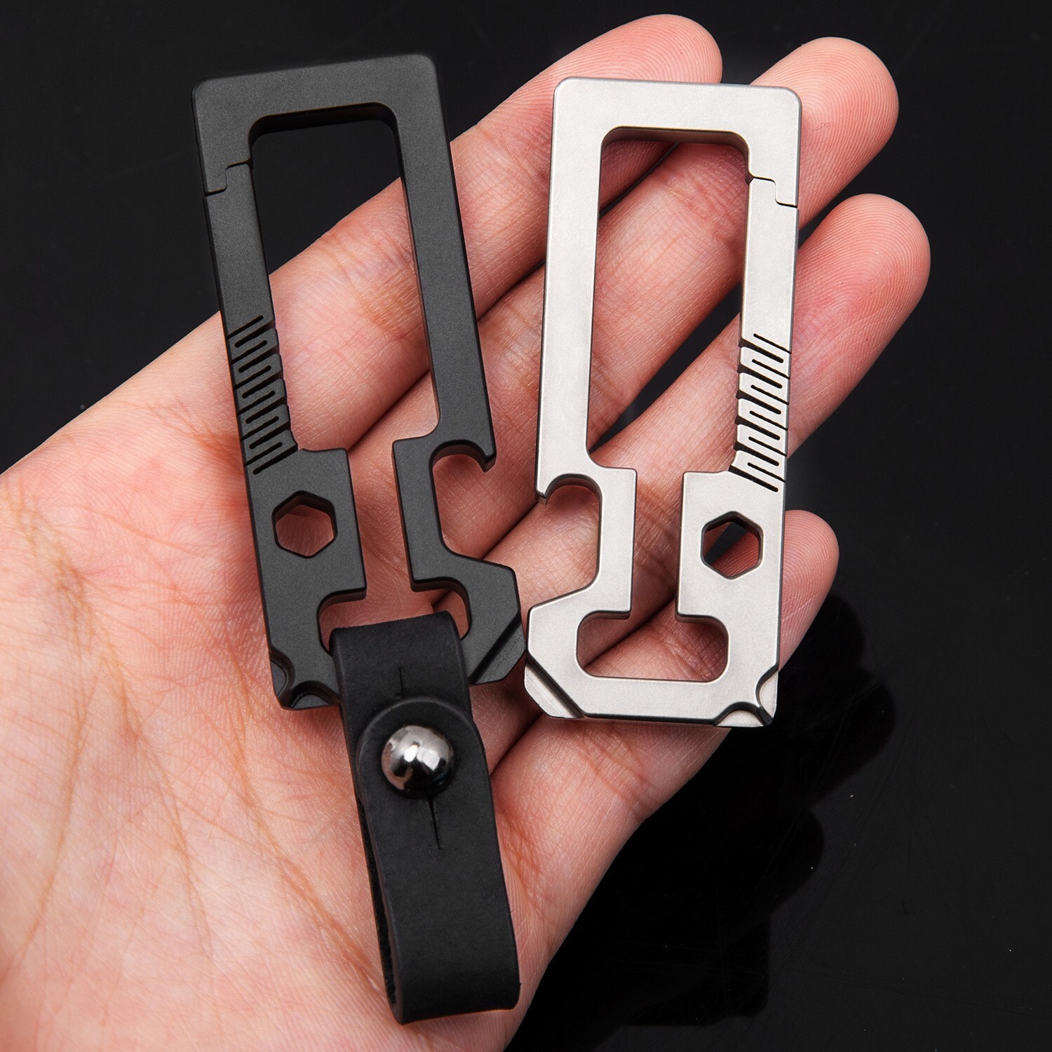EDC Titanium Alloy + Leather Black Keychain Carabiner Opener Car Key Pendant