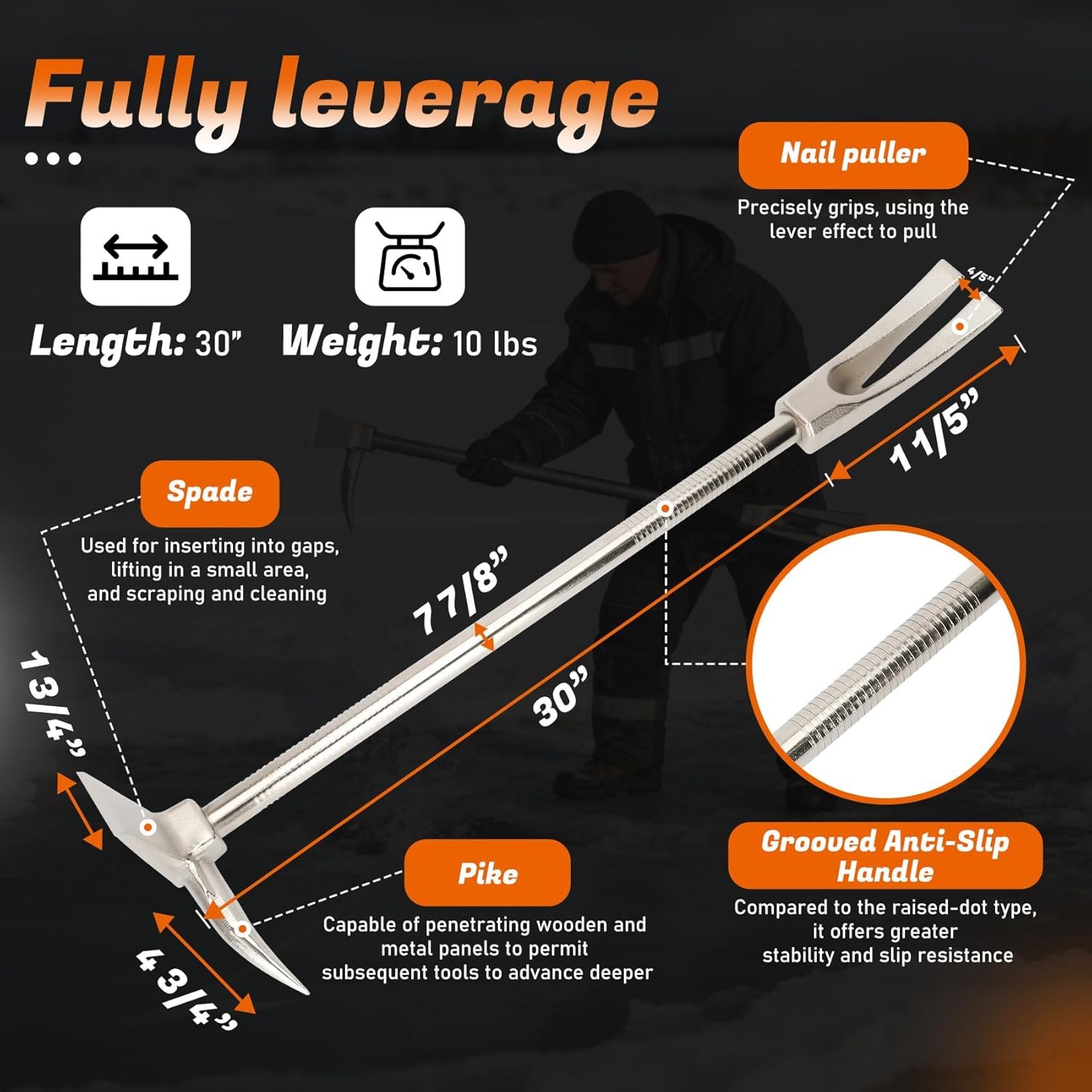 30-Inch Steel Halligan Bar Firefighter Forced Entry Tool, Heavy Duty Emergency