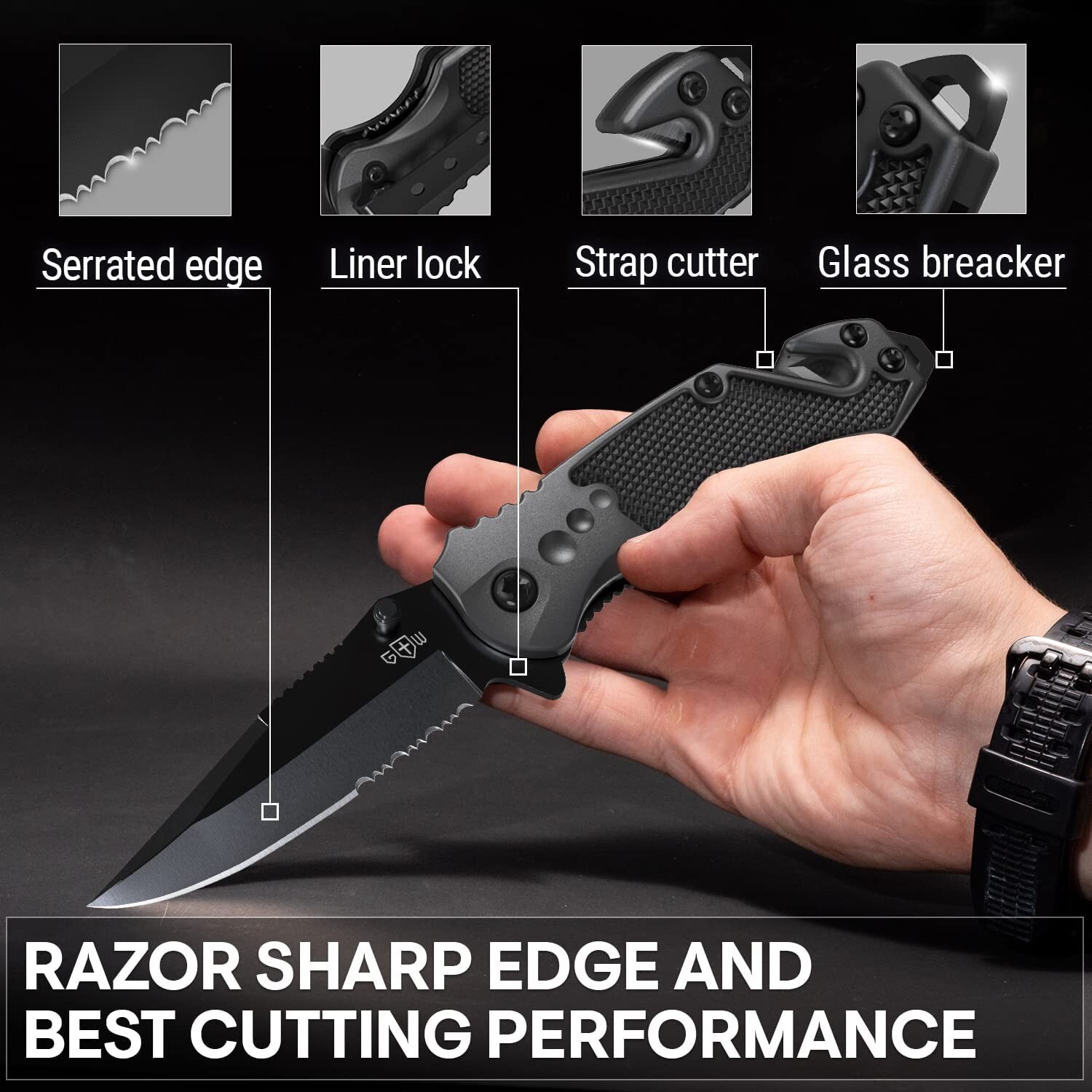 Black Serrated Blade Pocket Folding Knife w Glass Breaker & Seaqtbelt Cutter NEW