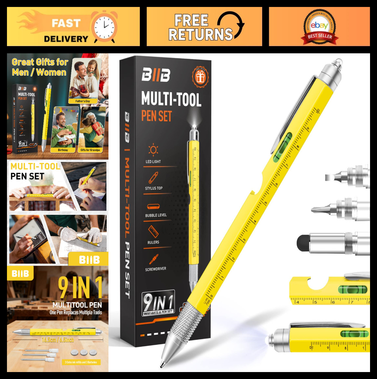 9-in-1 Multitool Pen for Men, Unique Father’s Day Gift, Personalized Gadgets, Co