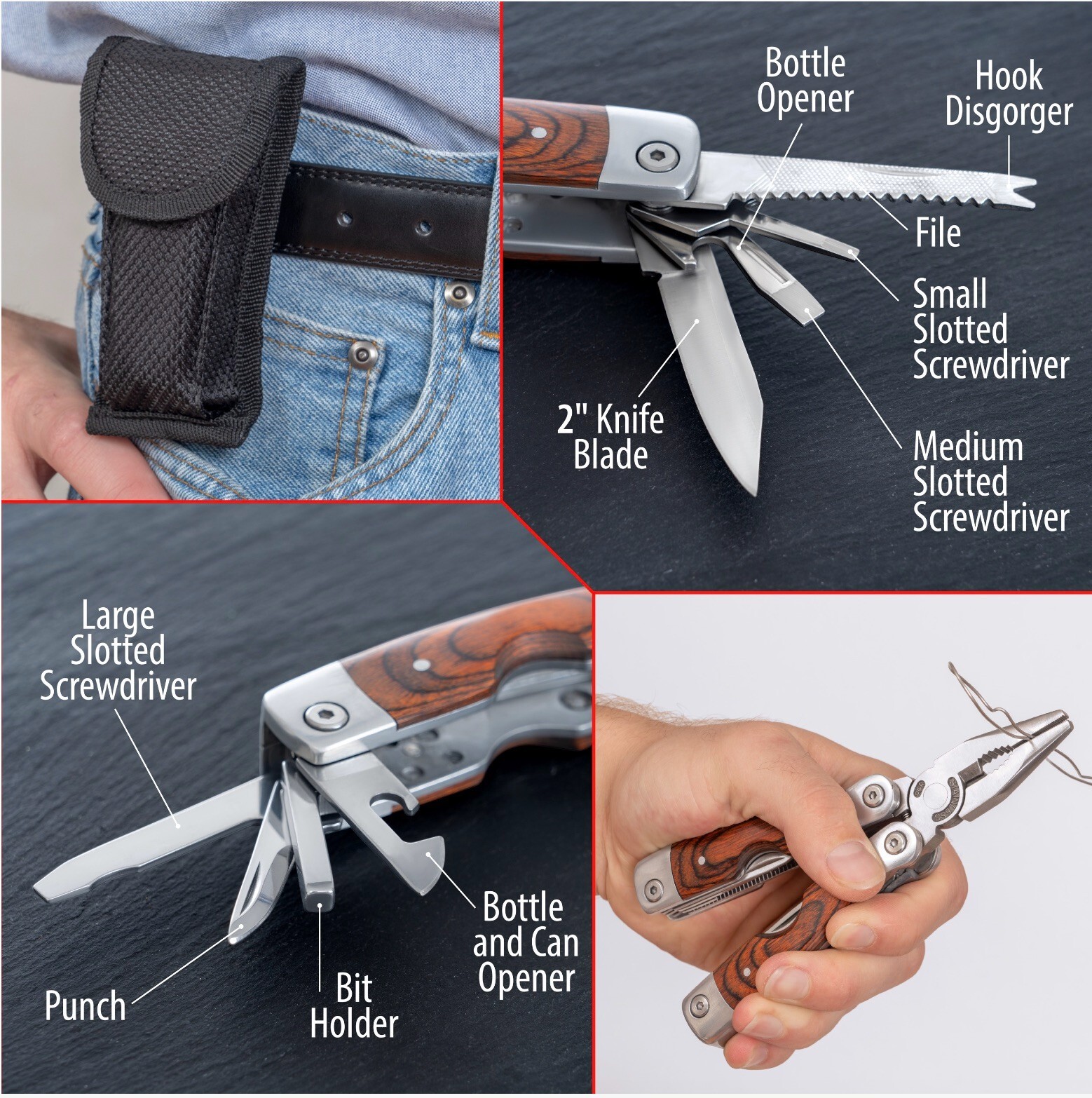 MAXAM Stainless Steel Multi-Tool With Wood Handle And Storage Pouch