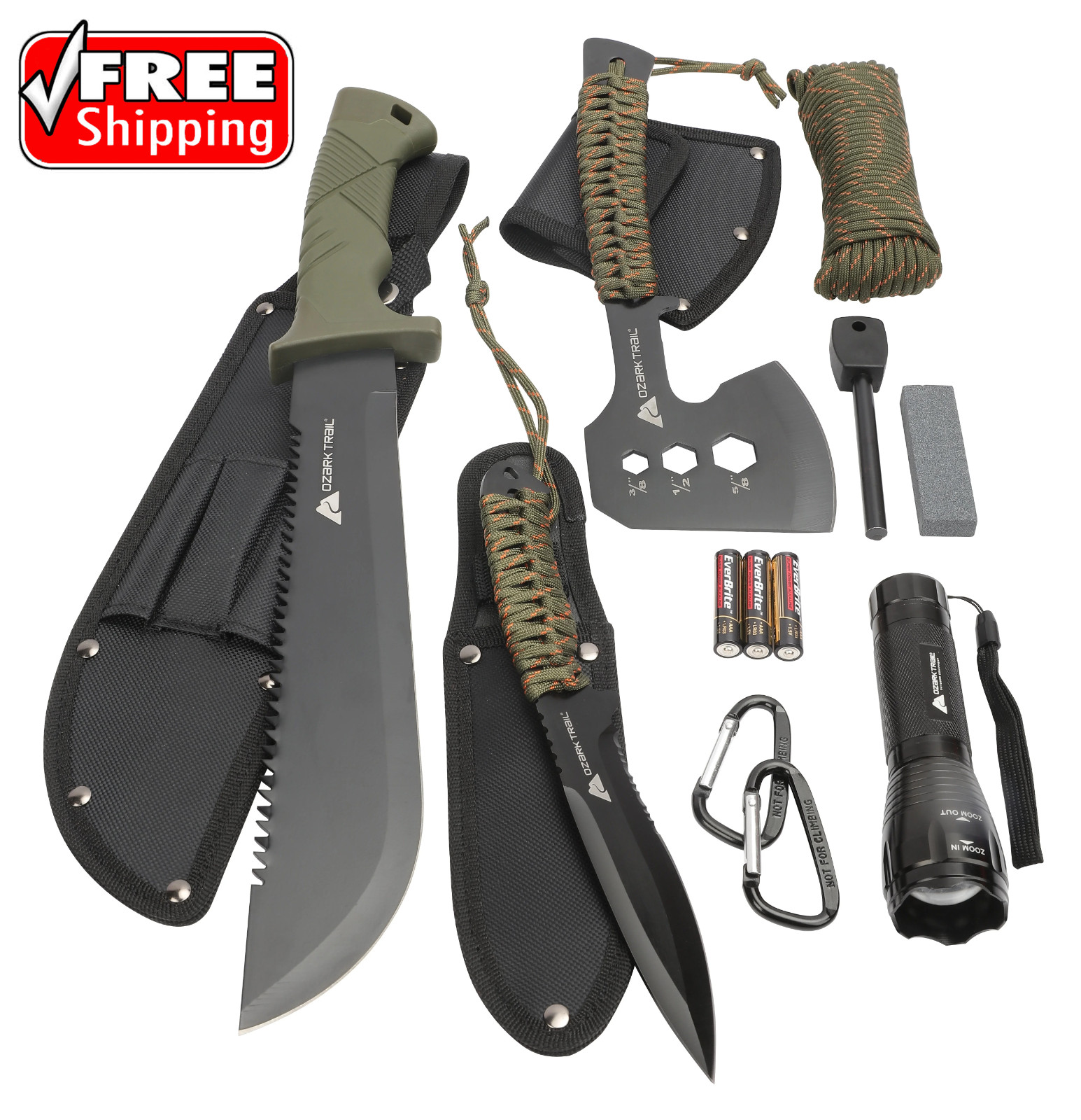 Ozark Trail Camping Tool Set, 12 Piece, Includes Flashlight, Machete, Knife, Out