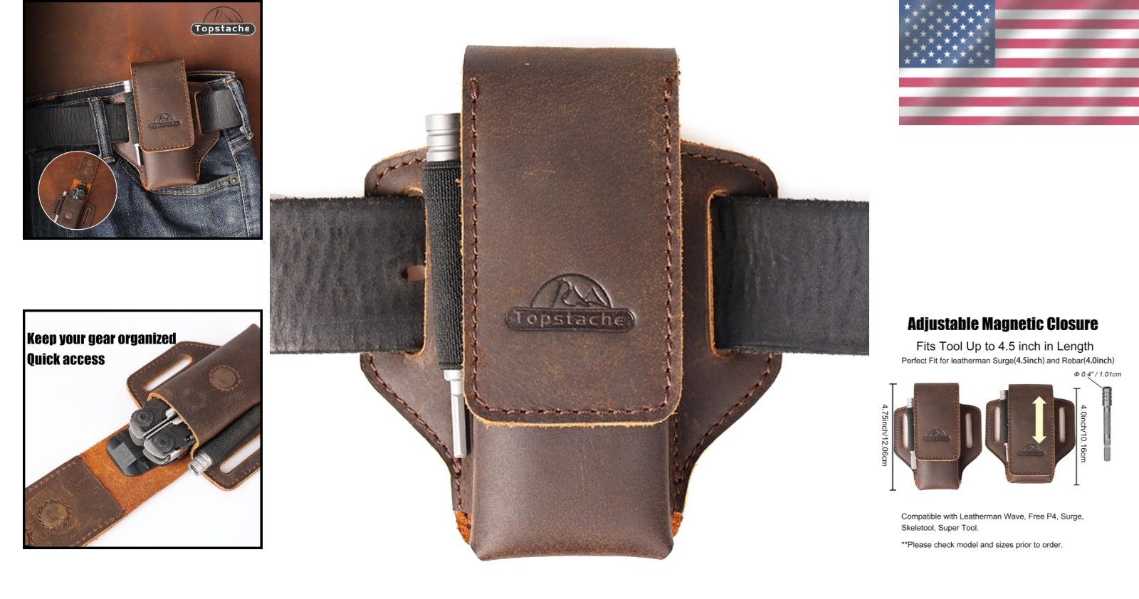 Luxurious Dark Brown Leather Multitool Sheath with Magnetic Closure – EDC Ready