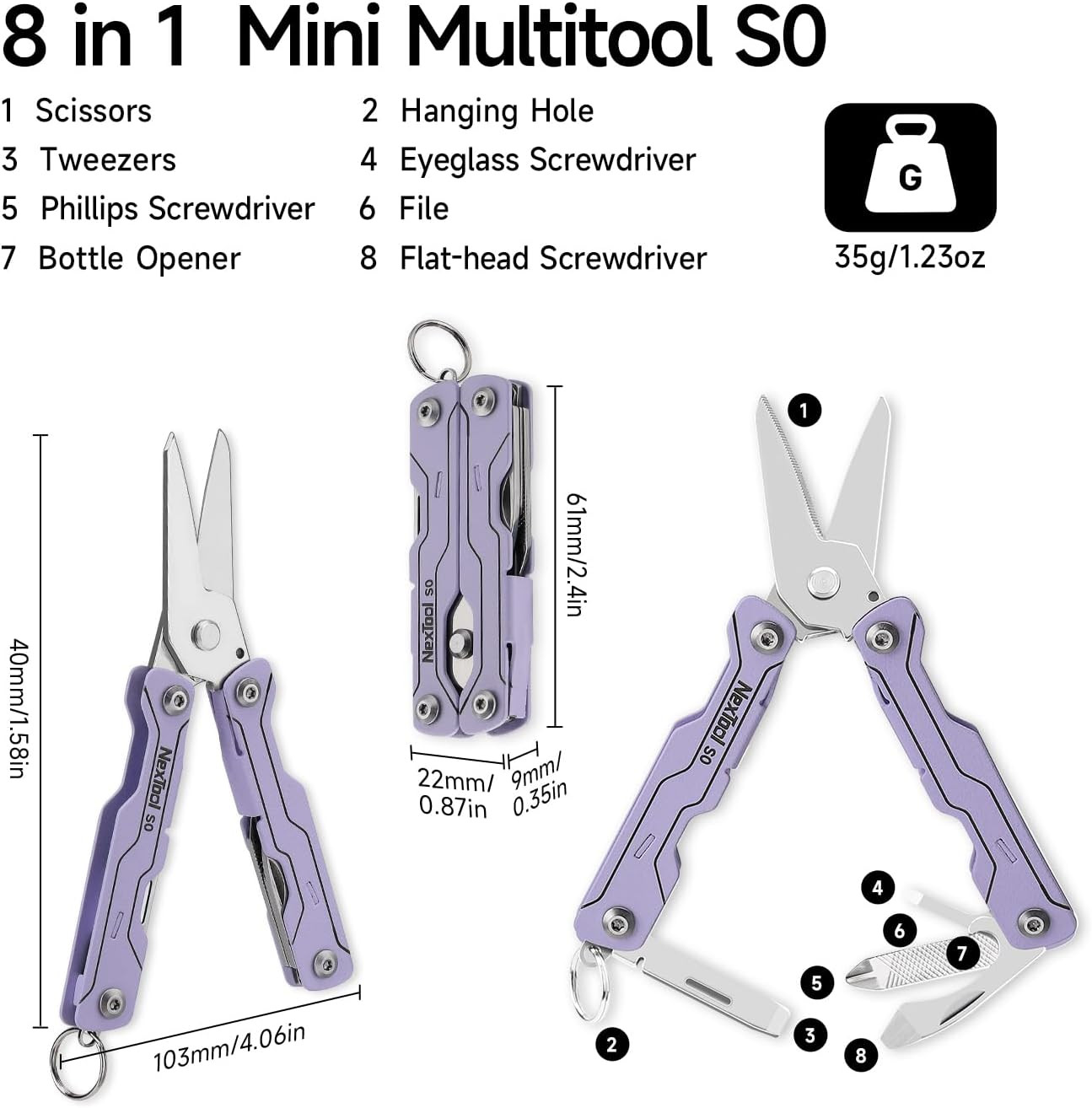 Micro Sailor Scissors S0, Mini Keychain Multitool with Serrated Scissors, 8-In-1