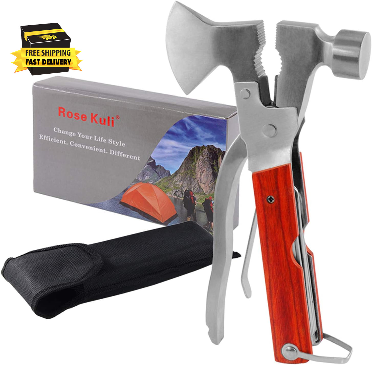 18-In-1 Multitool Camping Axe Hammer, Multi Tool with Plier, Knife, Bottle Opene