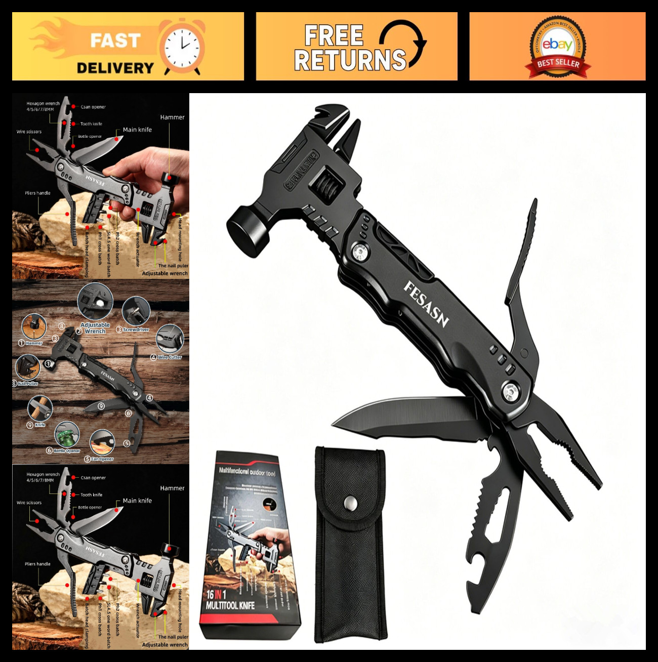 16-in-1 Adjustable Wrench Multitool Hammer | Pocket Pliers, Stainless Steel, Sur