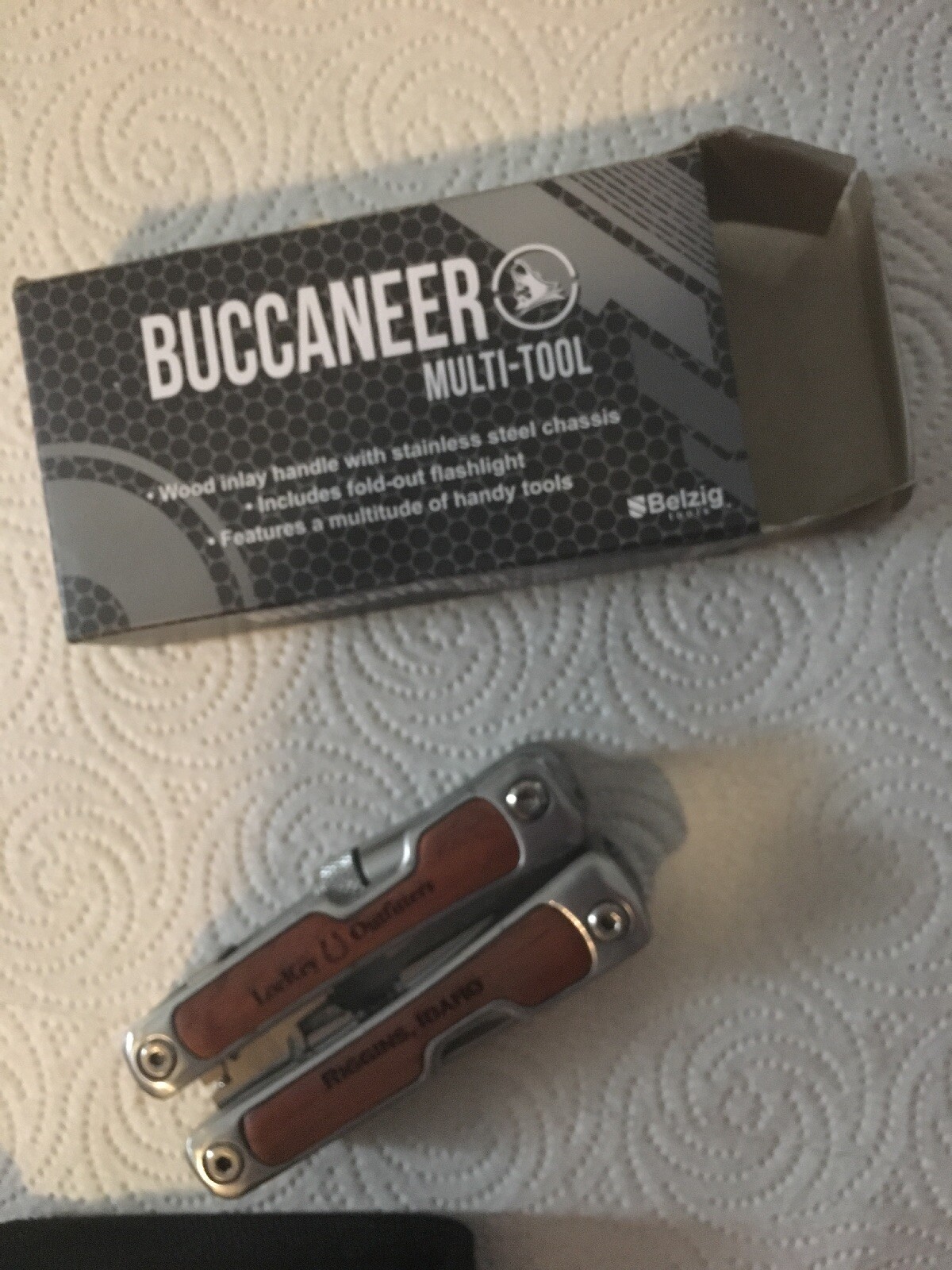 BELZIG Buccaneer Multi Tool w/ Flashlight Light +Black Pouch, Wood Inlay Handle