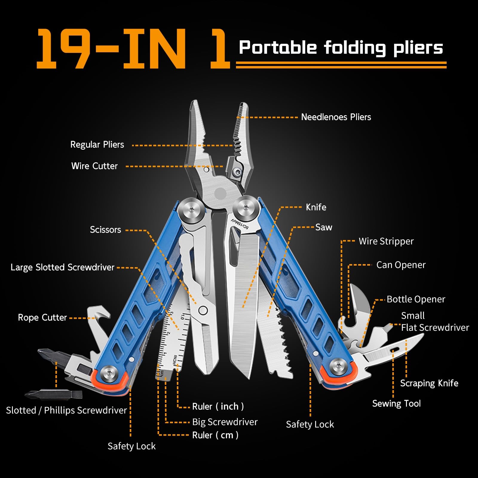 19 in 1 Multitool Pliers with Scissors, Stainless Steel Multi Tool with File,…