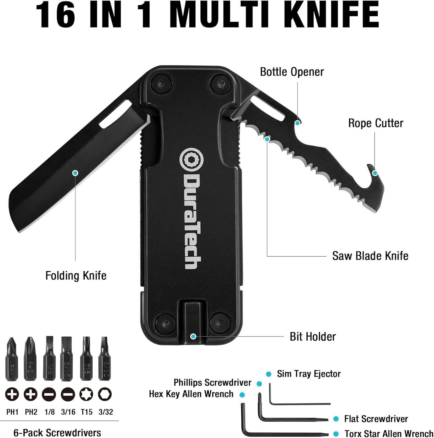 Compact 16 in 1 Multitool Knife with Bottle Opener and Rope Cutter for Outdoors
