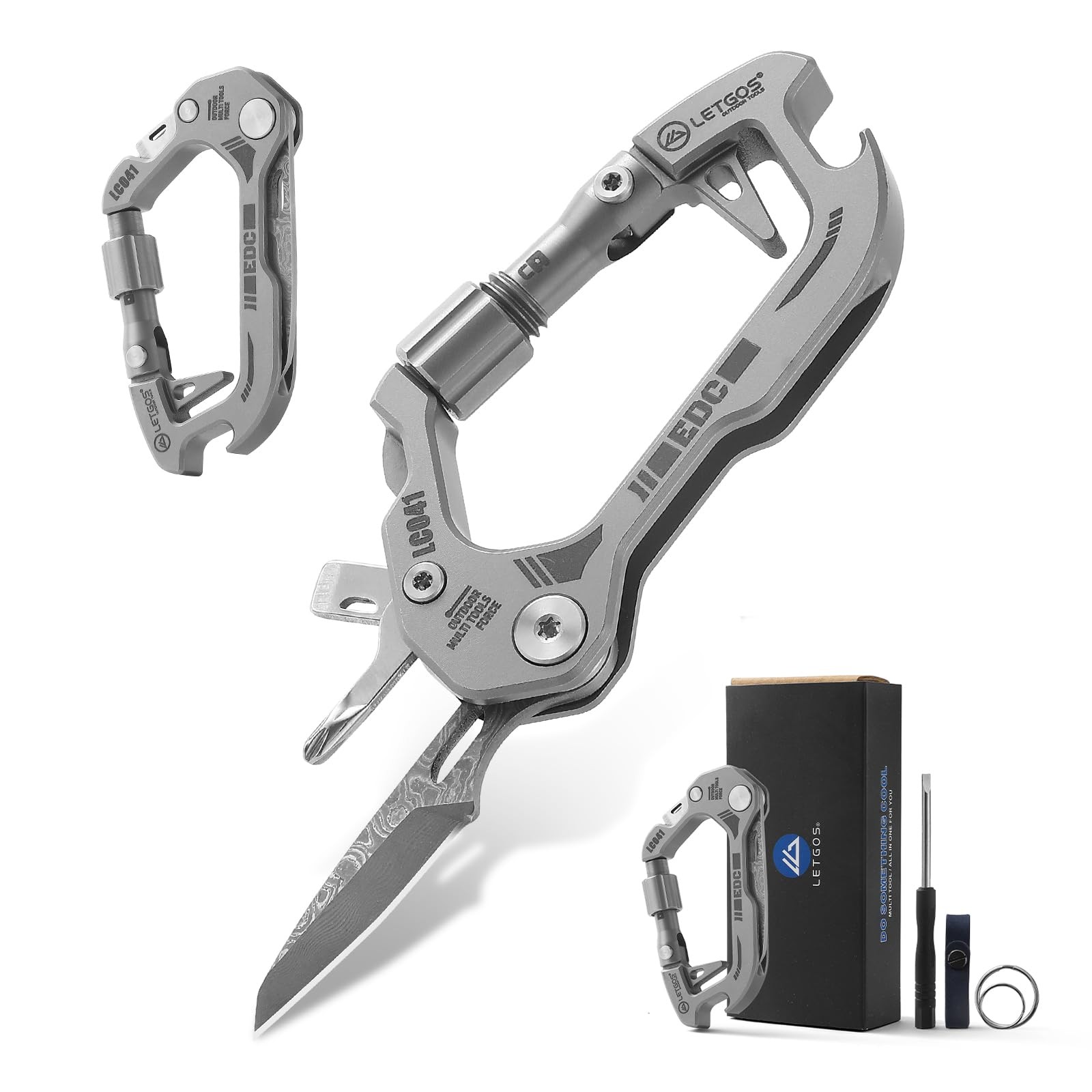Titanium 6-in-1 Multi-Tool Carabiner–EDC Damascus Steel Knife, Bottle Opener,…