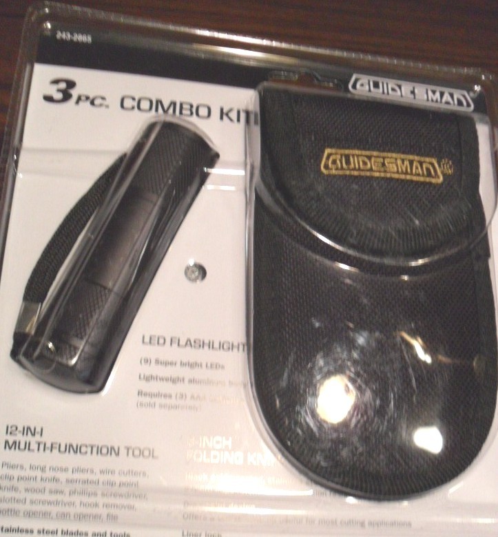 Guidesman 3 pc Combo Kit, Stainless Steel Blade Knife+Flash Light+12-in-One Tool