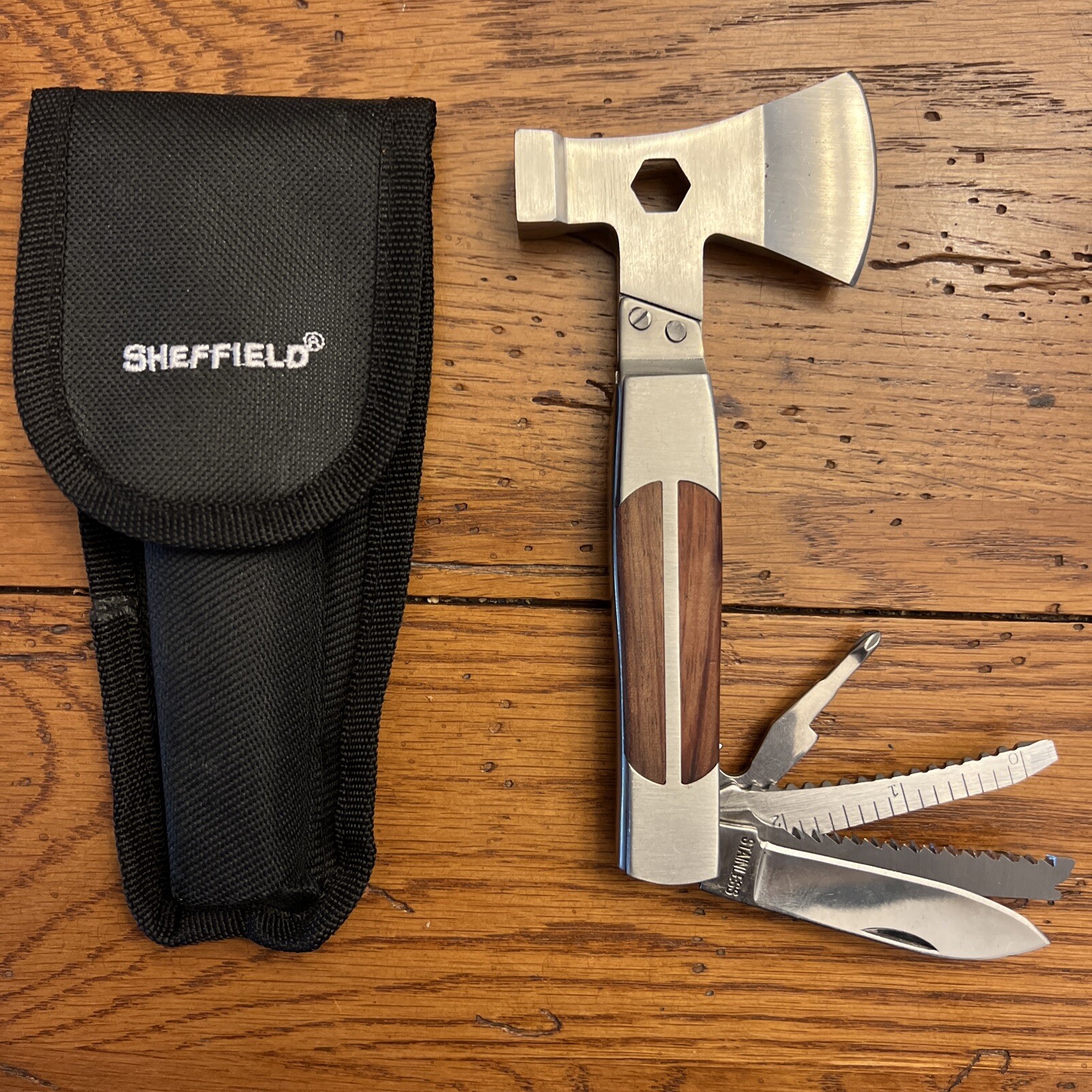 Sheffield 12-in-1 Stainless Steel Hatchet Multi Tool w/Nylon Belt Pouch Camping