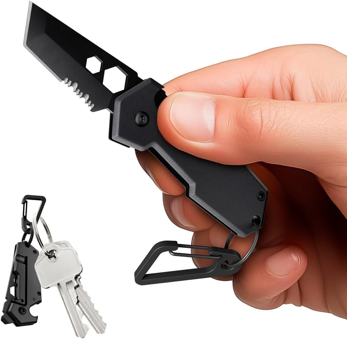 Mini Keychain Knife with Carabiner – 1.3″ Tanto Serrated Blade – 6 in 1 Black
