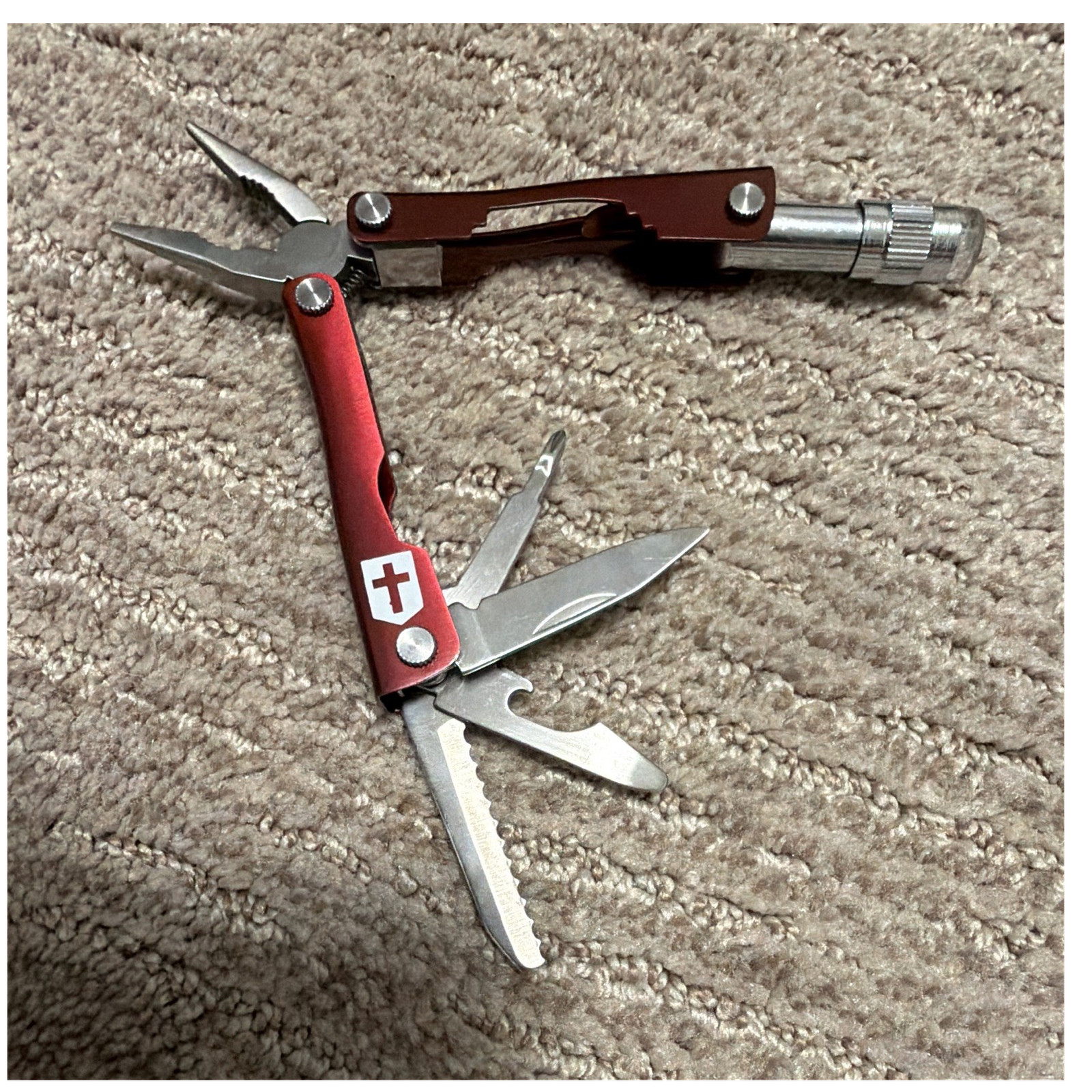 Red 6-Tool Metal Multi-Tool Serrated & Straight Edge, Pliers, Knife, Sheath