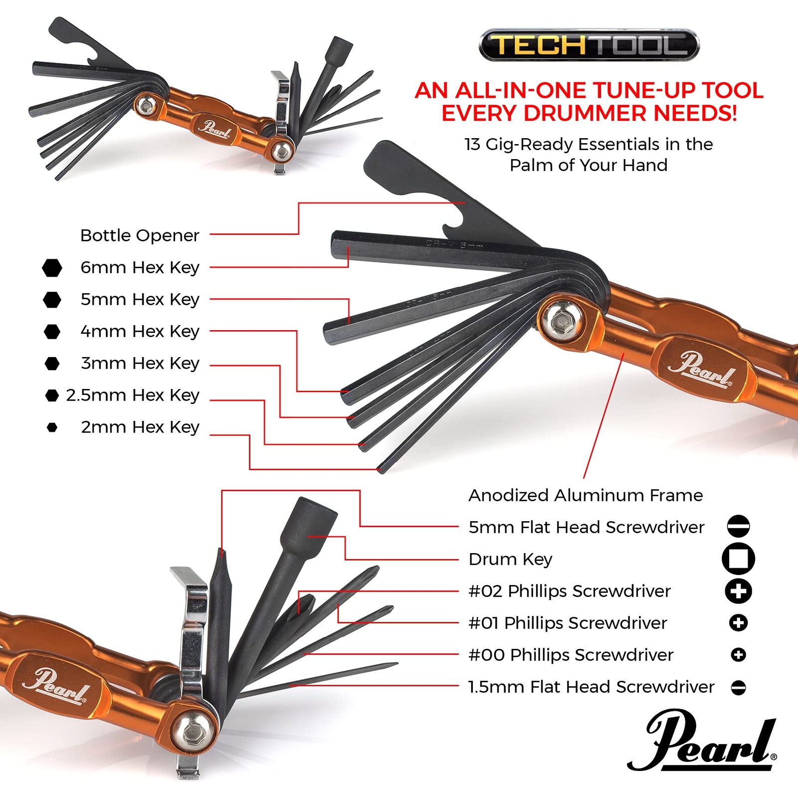 Orange Multitool 13 in 1 Drum Tool with Hex Keys Screwdrivers and Bottle Opener