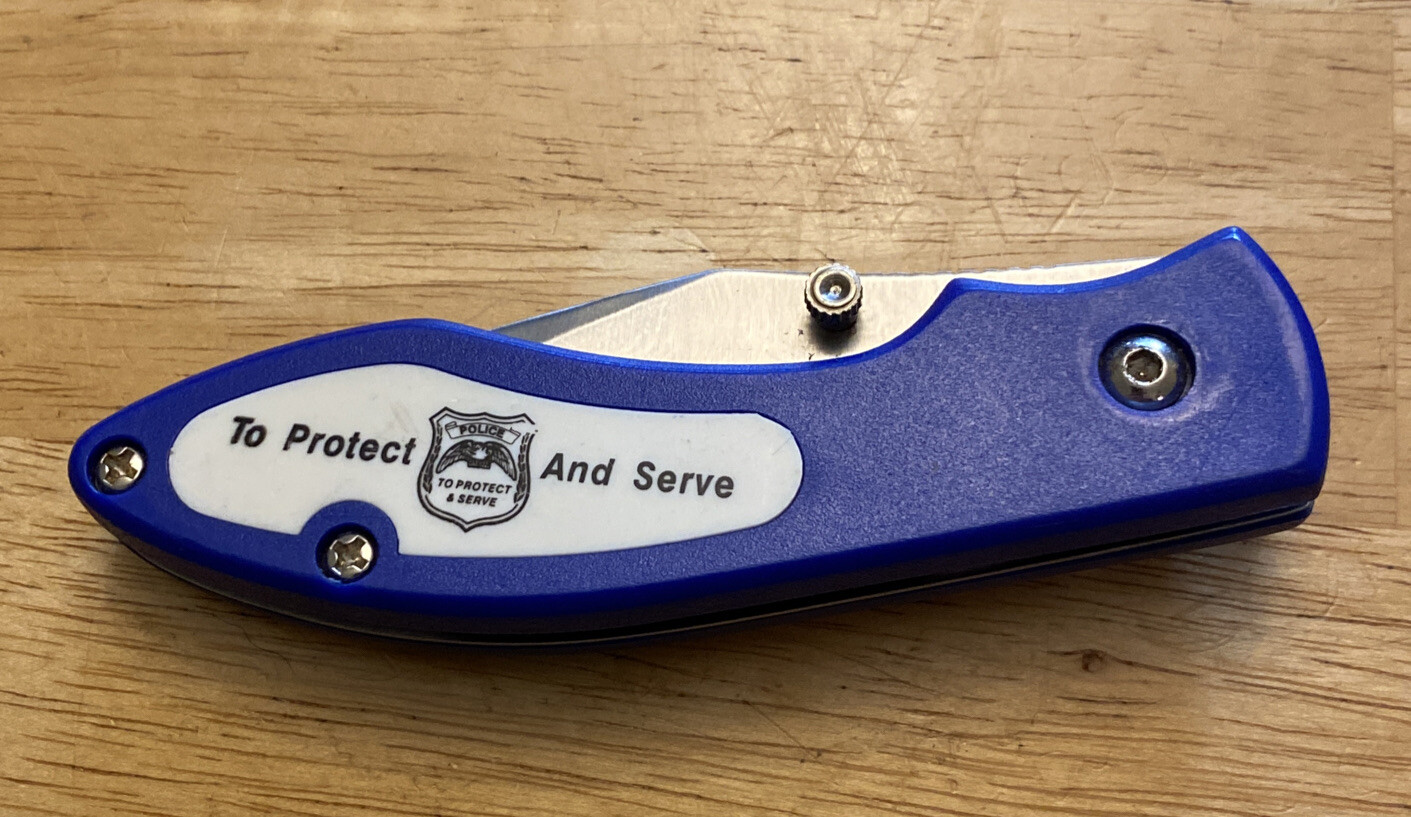 Stainless Saw Blade Folding Knife Police To Protect And Serve Blue Single Blade