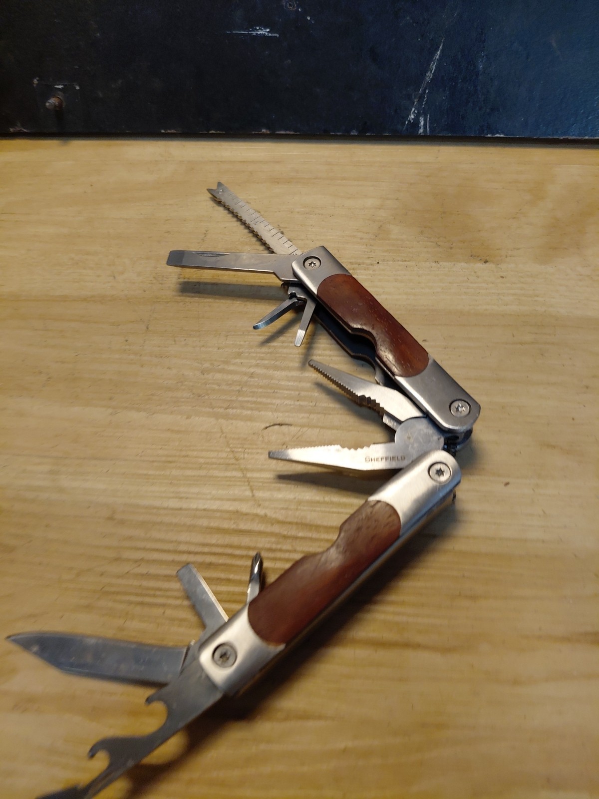 Sheffield 12-In-1 Multi Tool w/ Hardwood Handle Pliers Knife Blades Screwdrivers