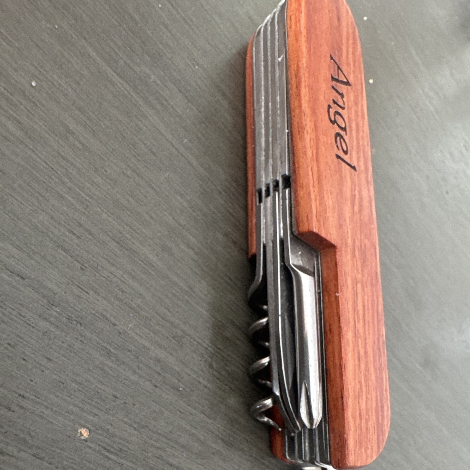 Wood Handle Multi-Tool Pocket Knife w/ Corkscrew, Keychain Ring Brown/Silver