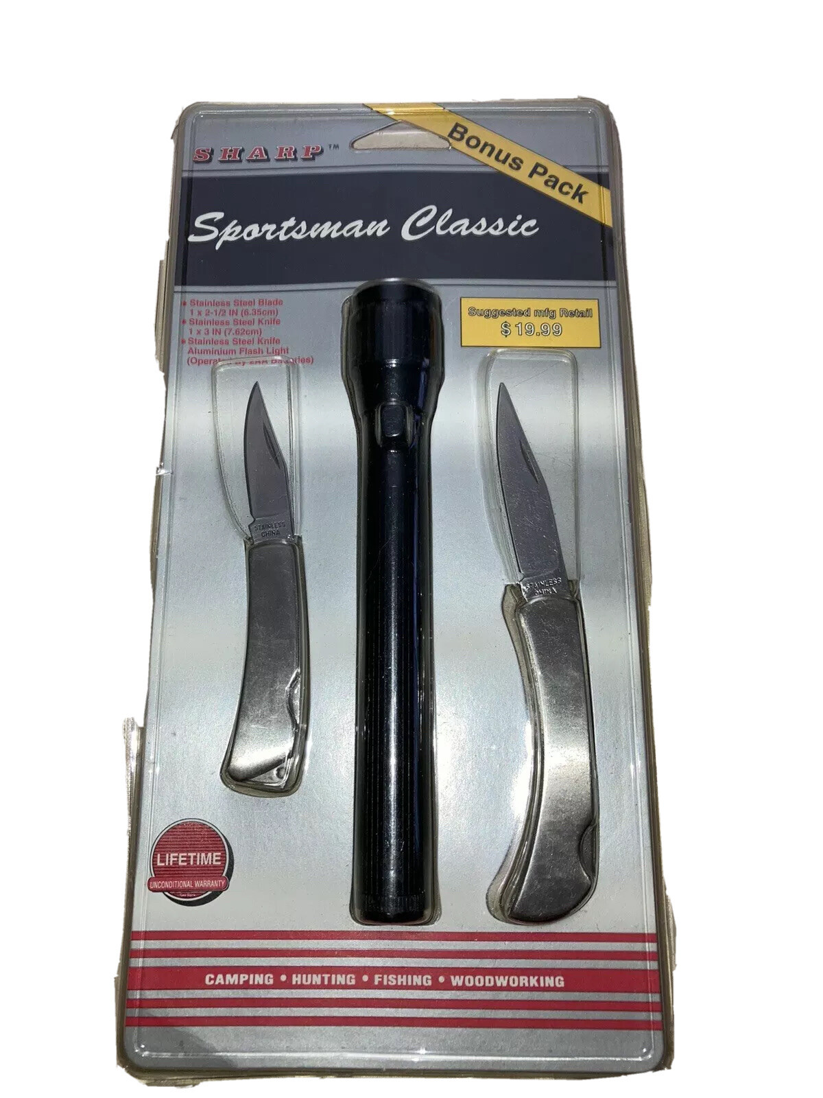 NEW Sharp Sportsmans classic 2 knife set and flashlight- vintage