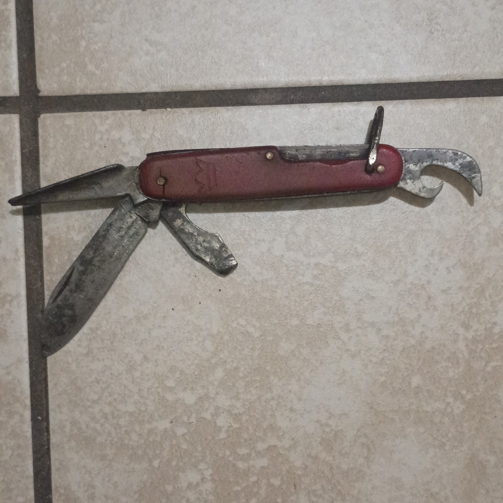 Red Folding Multi-Tool Pocket Knife, Stainless Blade, Awl & Bottle Opener