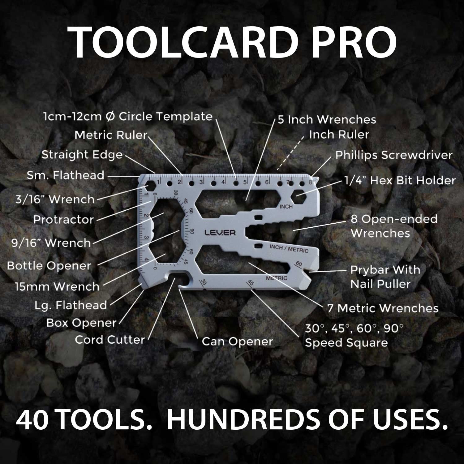 Lever Gear Toolcard Pro – 40 in 1 Credit Card Multitool. Slim, Single, Black
