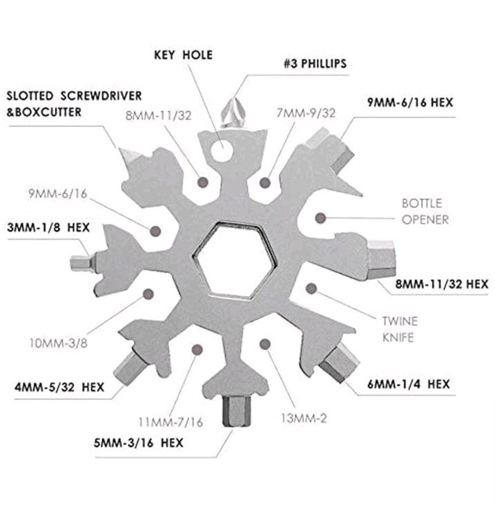 18-in-1 Stainless Steel Snowflake Keychain Multi-Tool Screwdriver Bottle Opener