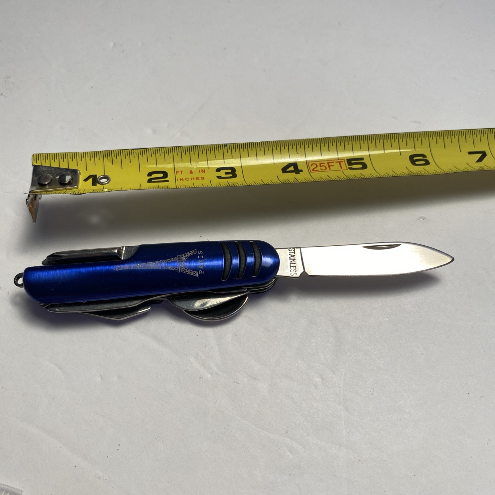 Eiffel Tower Paris Multi Tool SAK Blue Plastic Handle Spoon Fork Knife Corkscrew