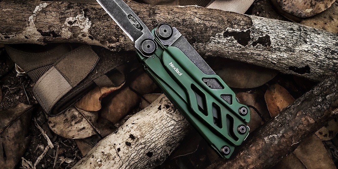 NexTool Flagship Pro Multi Tool Green Stainless Steel Handles Belt/Cord Cutter