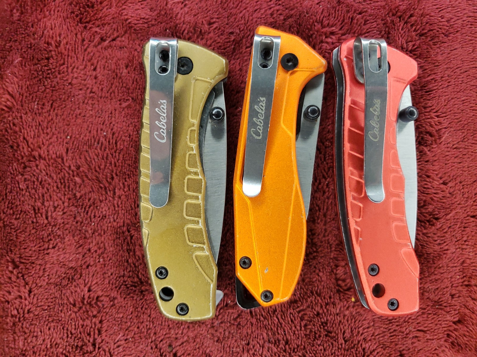 Lot 3 Cabela’s Plain Edge Liner Lock Aluminum Scale Folding Red Orange Tan