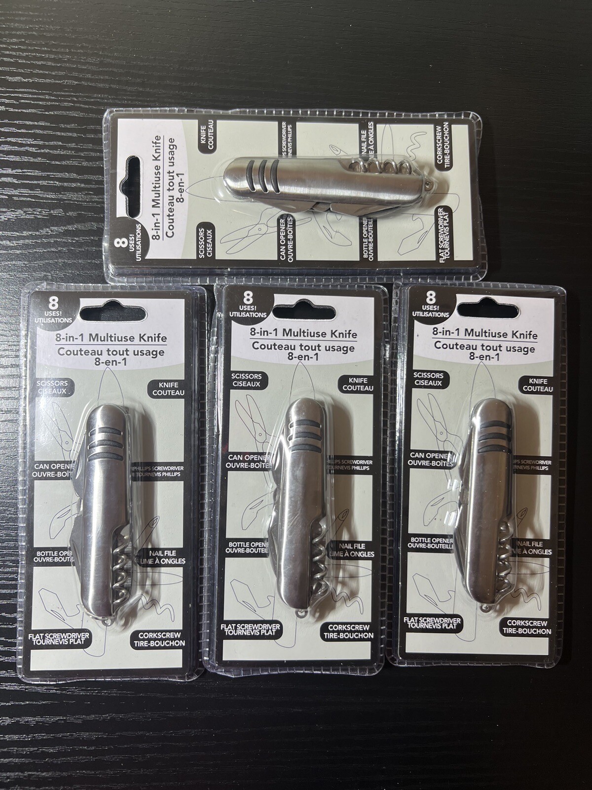 8-IN-1 MULTI USE KNIFE HIKING , CAMPING TOOL BENCH POCKET LOT OF 4 New Sealed