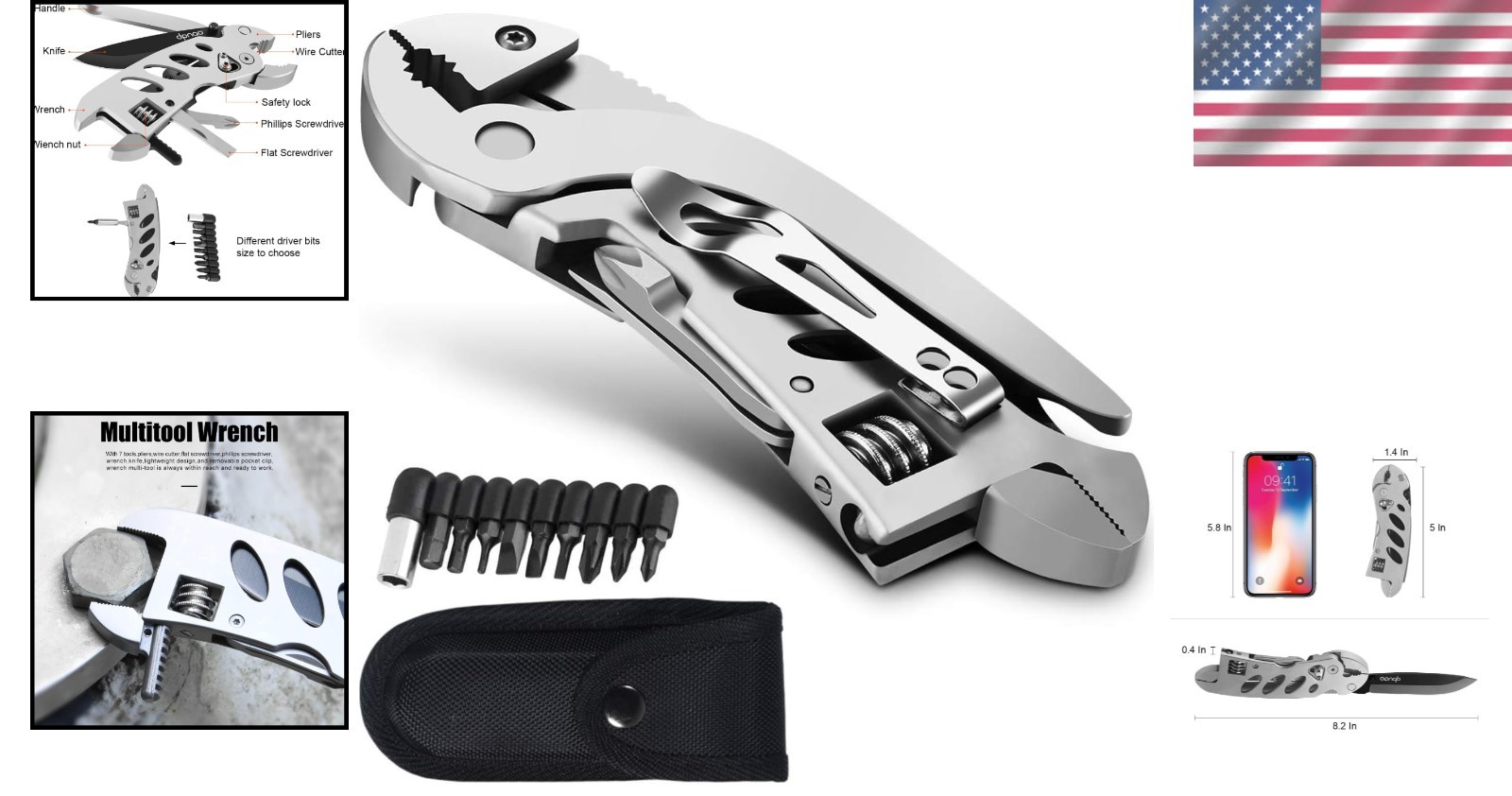 Ergonomic Stainless Steel Multitool Wrench with 7 Essential Tools for Daily Use