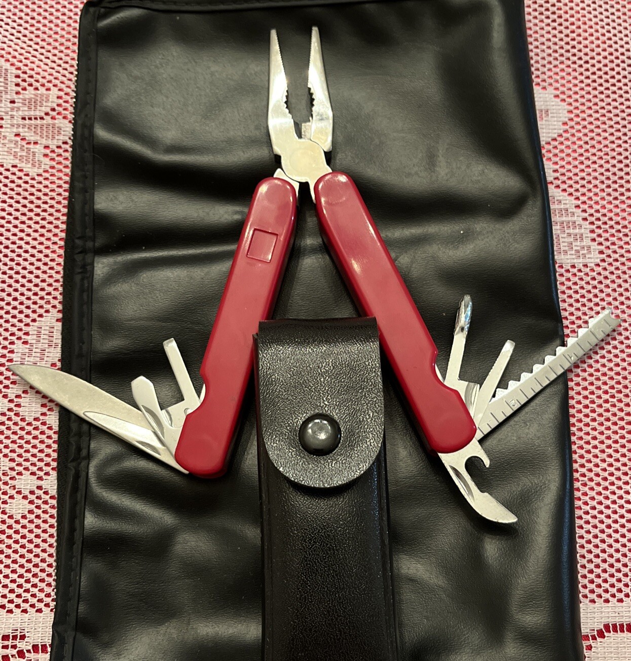 Multi Tool 8 Blade Pocket Knife Red Handle Black Sheath NIB
