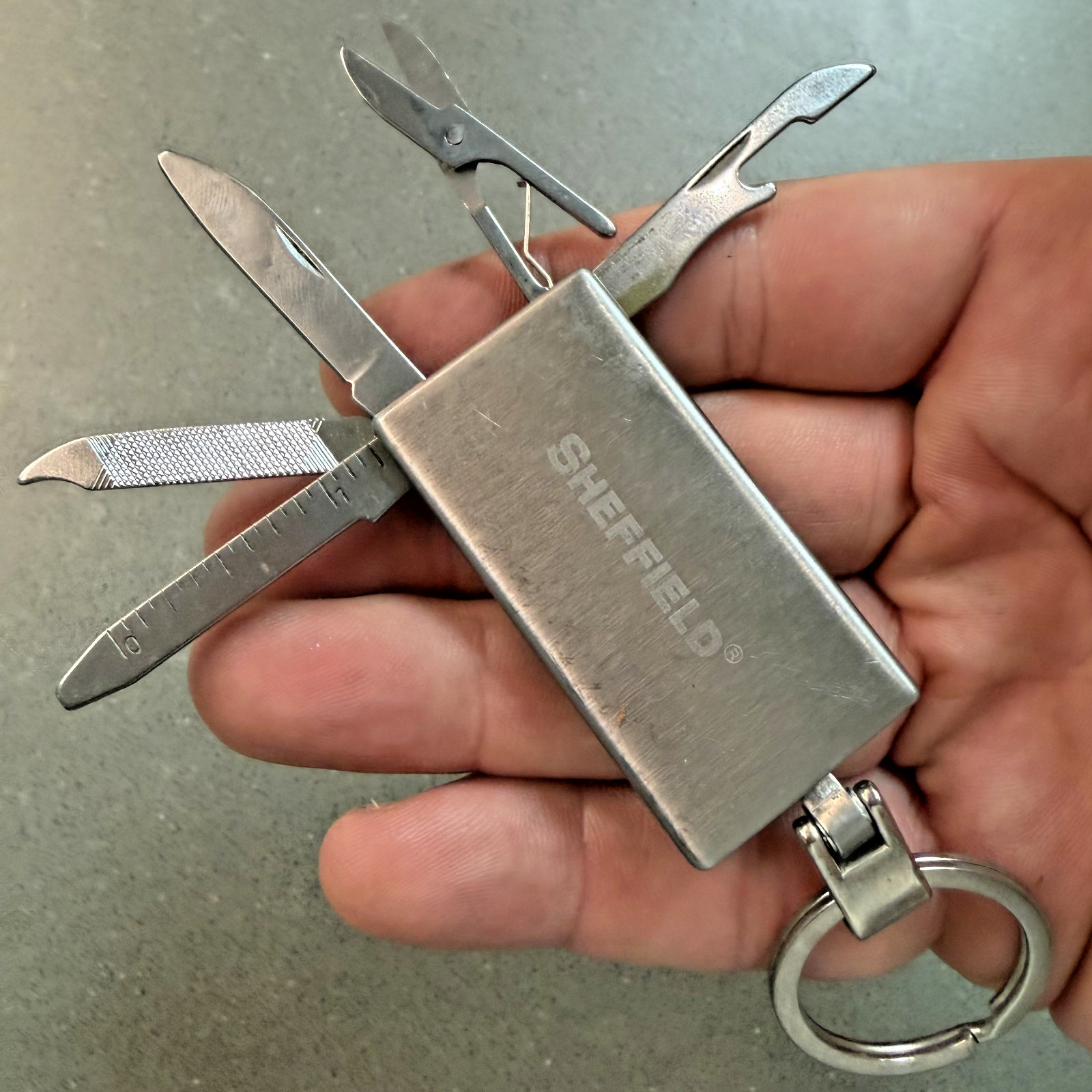 Sheffield Keychain Multi Tool Knife Scissors File Bottle Opener Stainless EDC