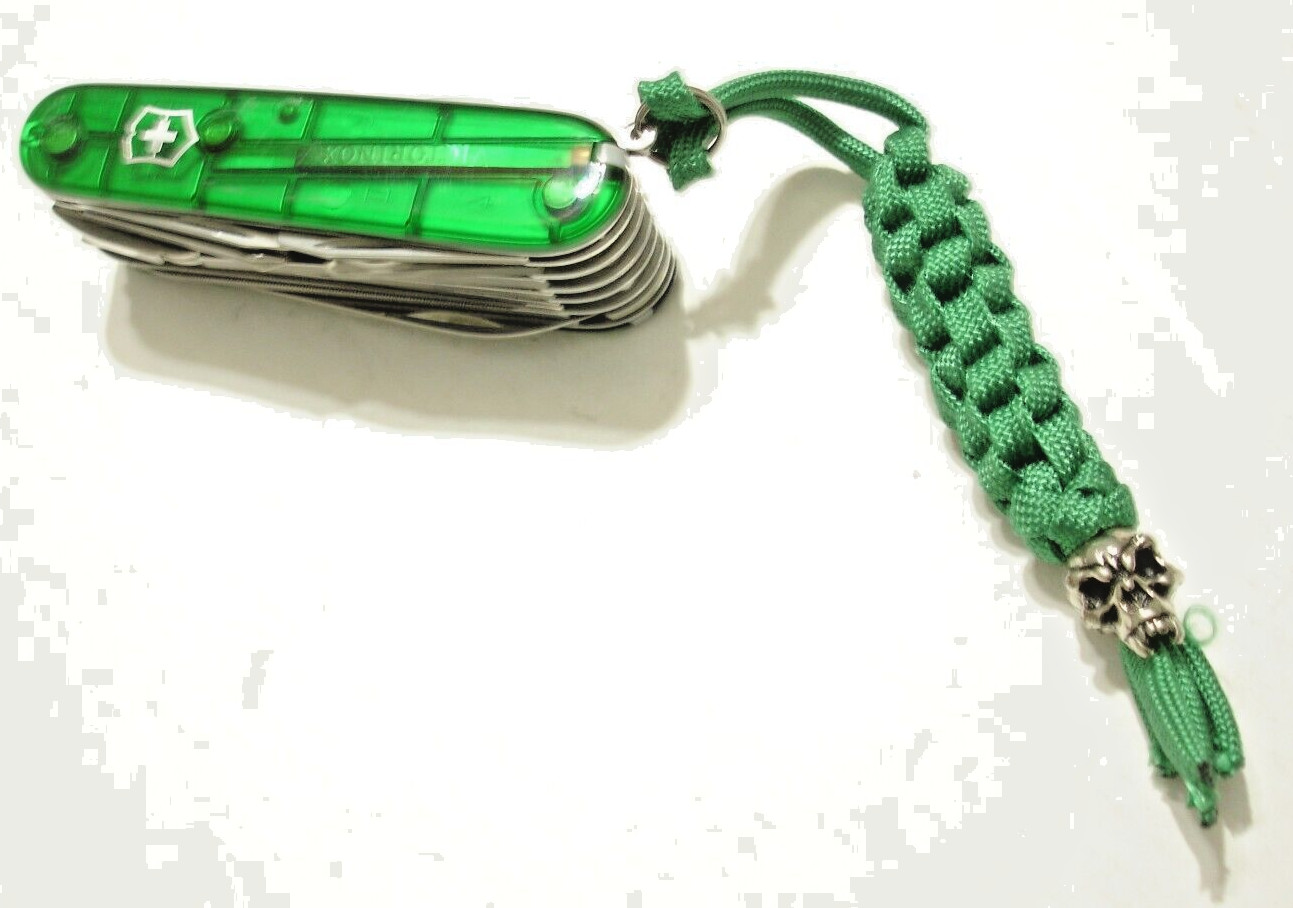GREEN 550 PARACORD SILVERTONE SKULL BEAD KEY CHAIN / KNIFE LANYARD USA MADE NEW