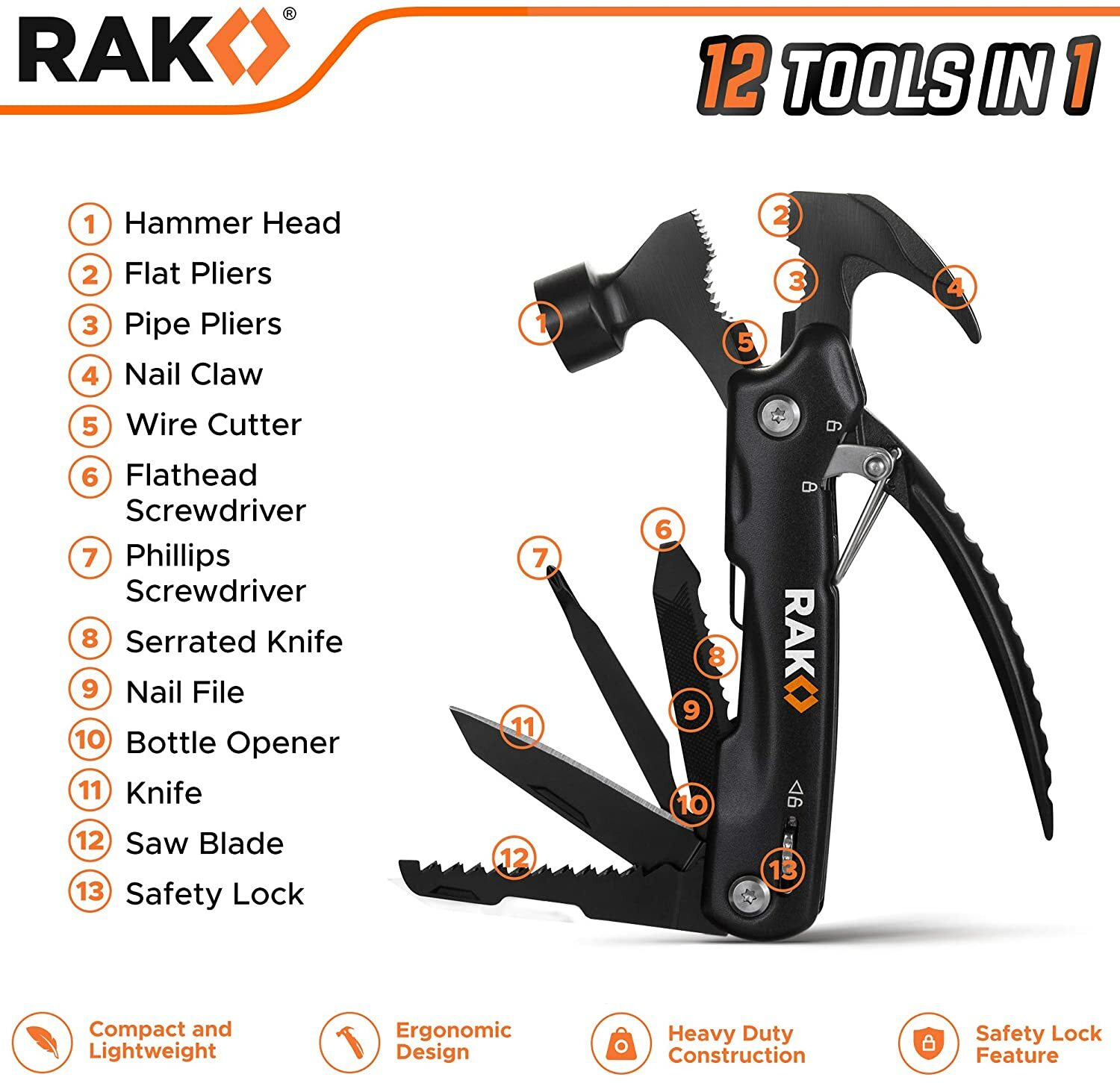 RAK Hammer Multi-Tool – Multi-Functional 12 in 1 Mini Hammer Camping Gear