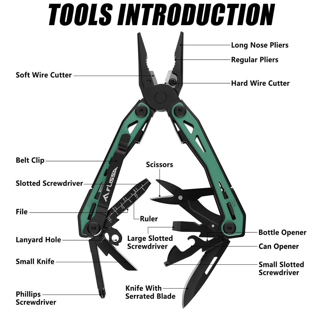 FLISSA 16-in-1 Multi Tool Pliers Stainless Steel Multitool Pocket Knife w/Pouch