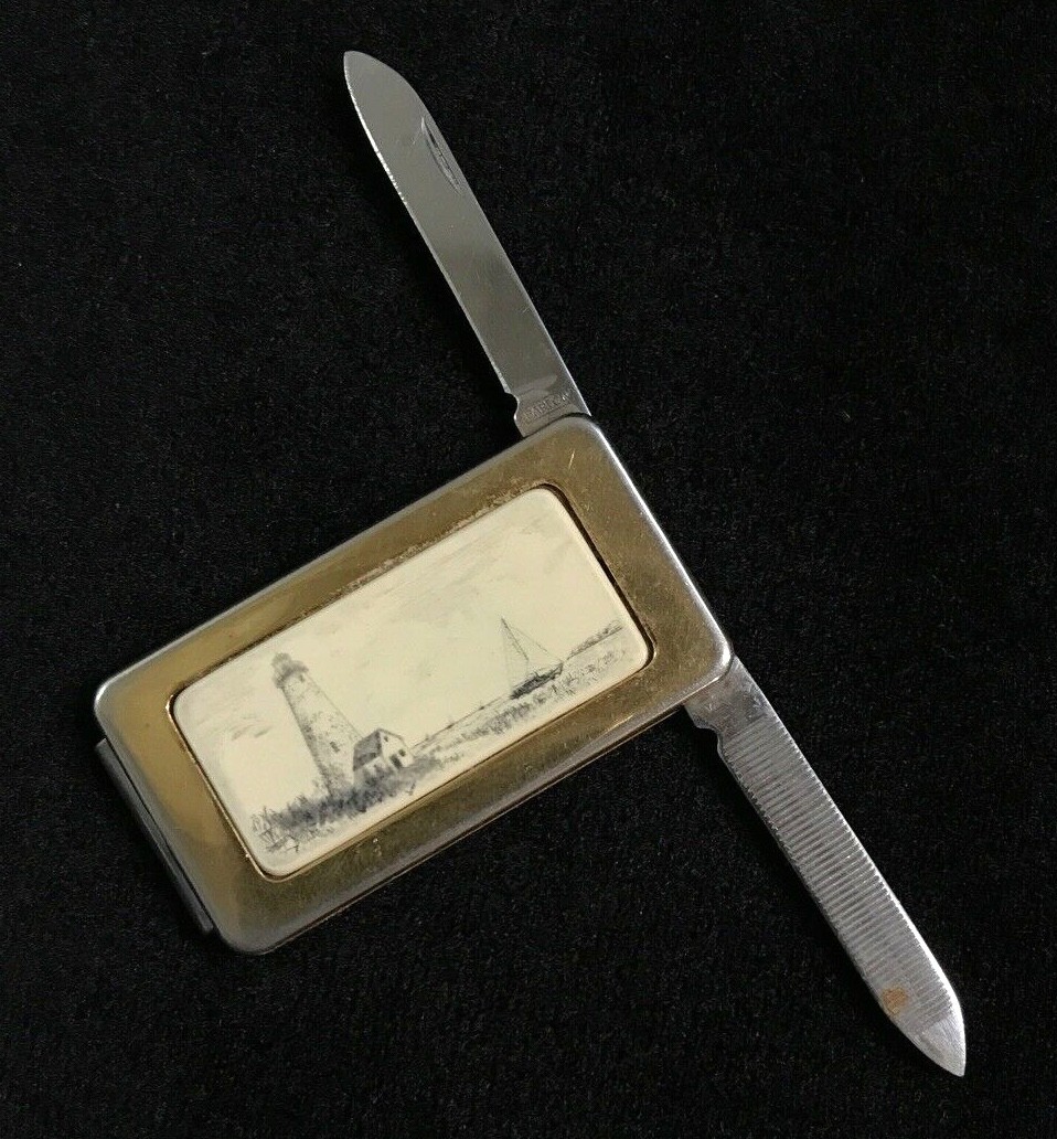 Money Clip Knife Nail File Card Holder Ceramic Insert BARLOW Gold/Silver Tone