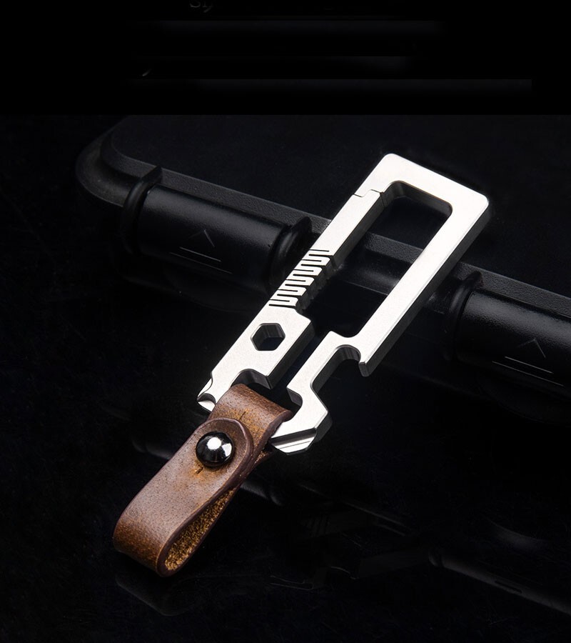 TC4 EDC Titanium Alloy + Leather Multi Tools Keychain Carabiner Car Key Pendant