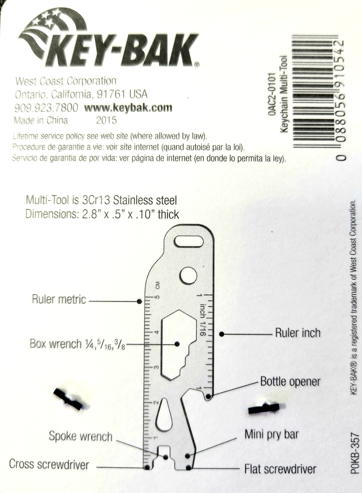 4/Pk Key-Bak Multi-Tool Keychain 0AC2-0101 Stainless Steel EDC Pocket Tool Ruler