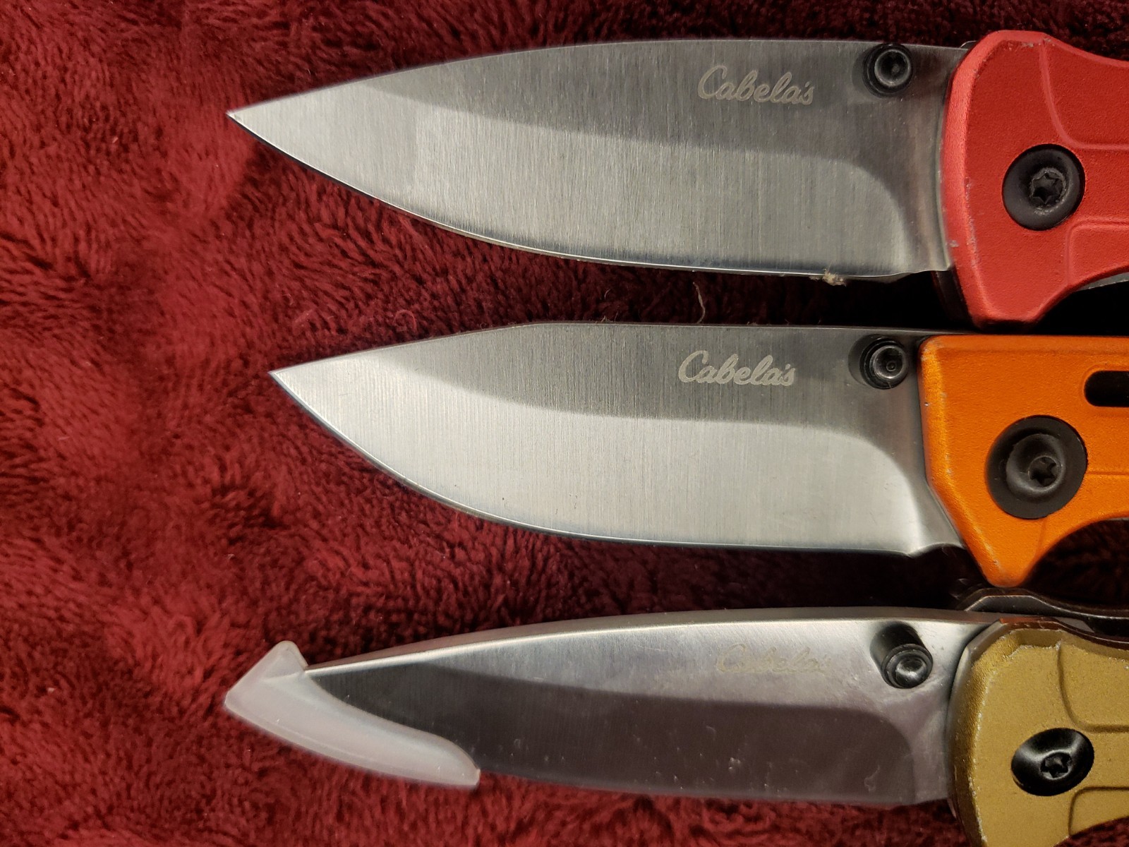 Lot 3 Cabela’s Plain Edge Liner Lock Aluminum Scale Folding Red Orange Tan