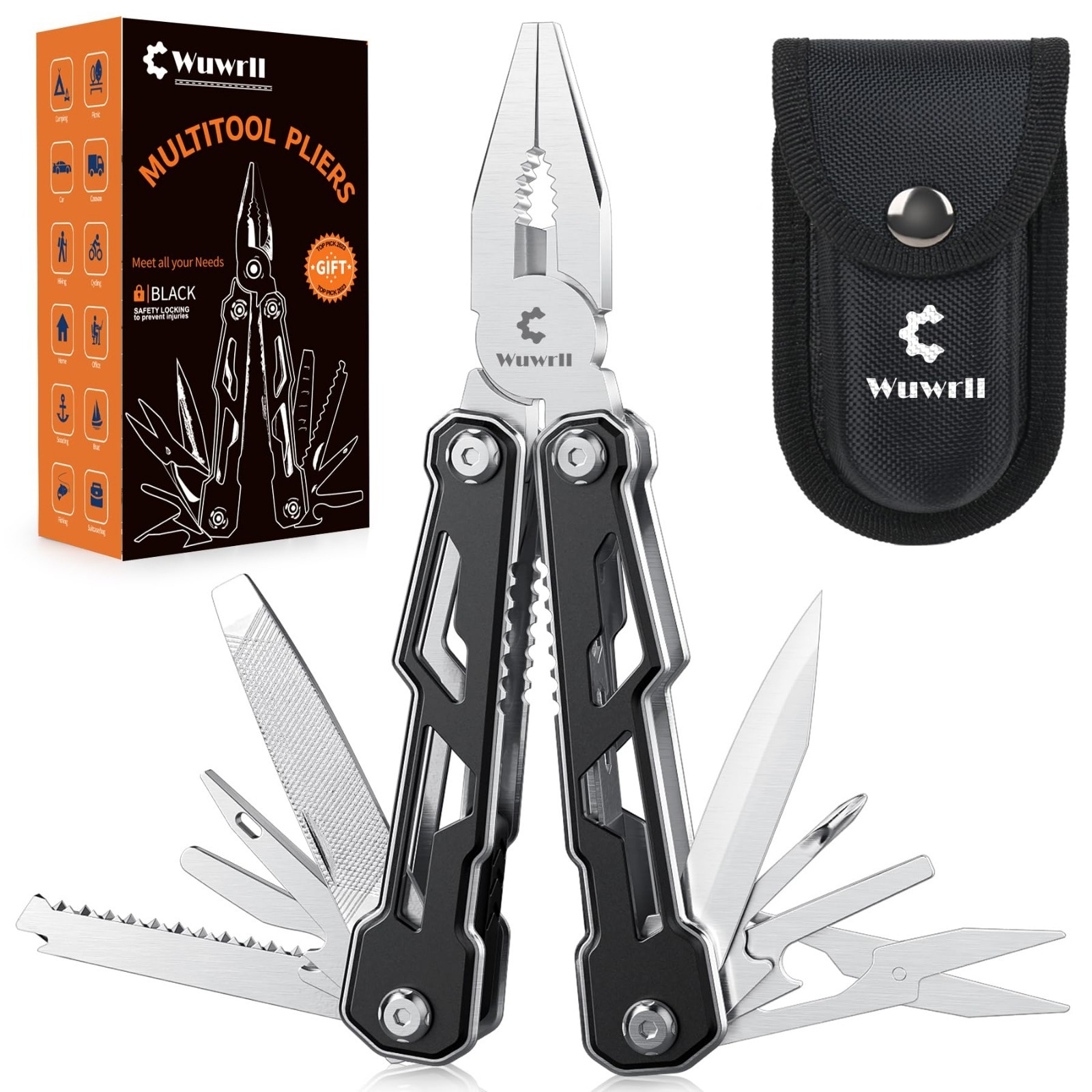 16-in-1 Stainless Steel Multitool with Safety Lock, Pocket Knife & Pliers, Campi
