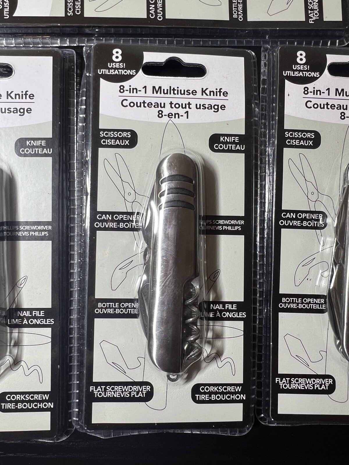 8-IN-1 MULTI USE KNIFE HIKING , CAMPING TOOL BENCH POCKET LOT OF 4 New Sealed