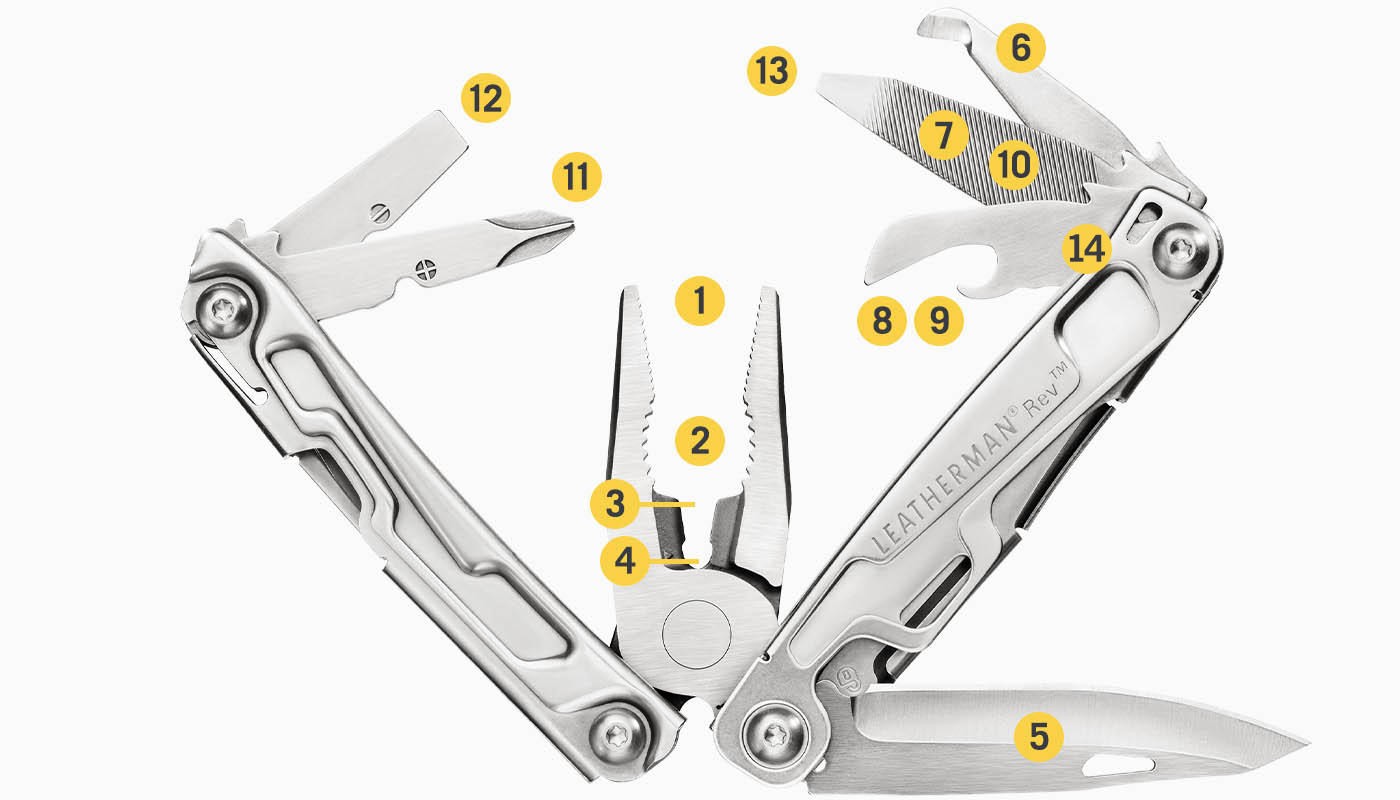 Leatherman Rev Pocket Size 14 Tools Stainless Steel Easy Carry Multitool, Silver