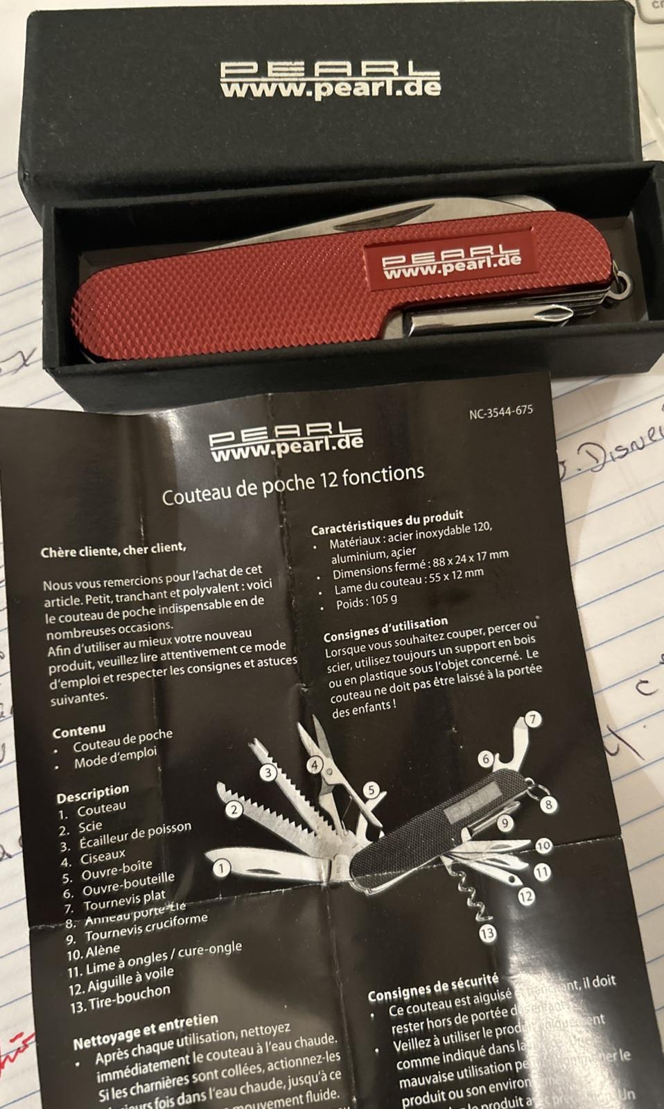 PEARL German 12-in-1 Multifunction Stainless Steel Pocket Knife,Red easy to see!