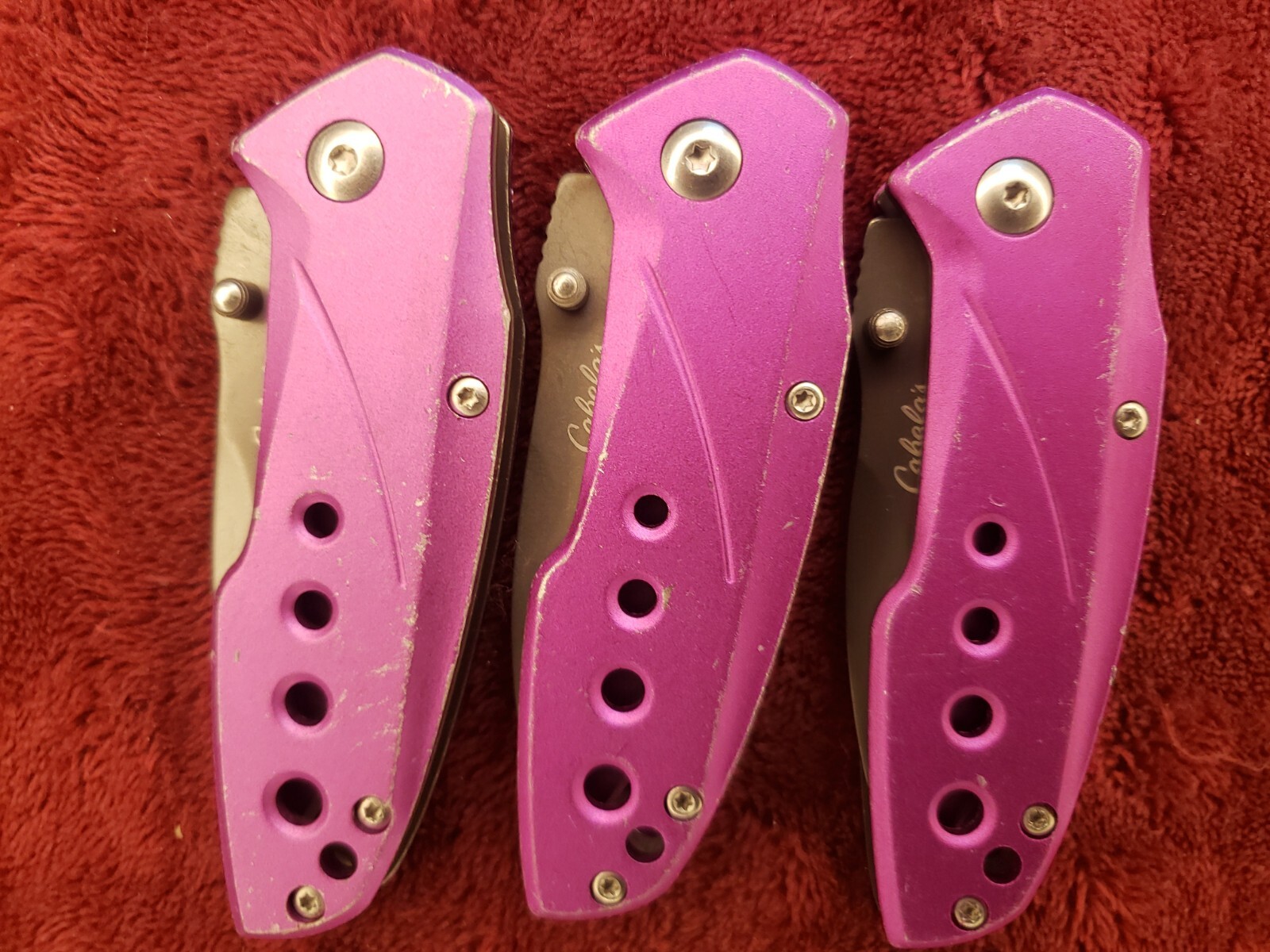 Lot 3 Cabela’s Plain Edge Liner Lock Aluminum Scale Folding Purple